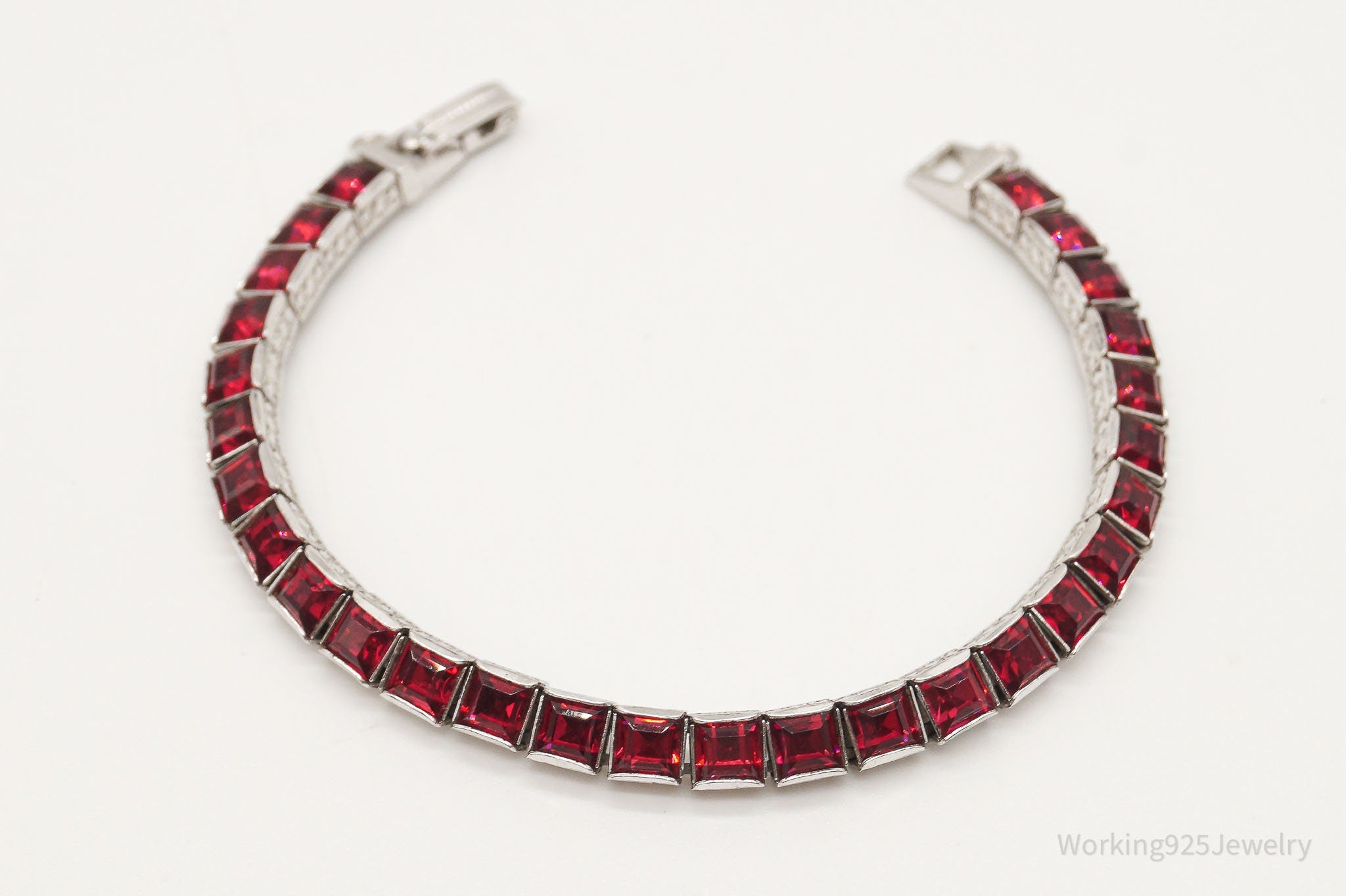 Antique Art Deco Channel Set Red Rhinestone Sterling Silver Bracelet