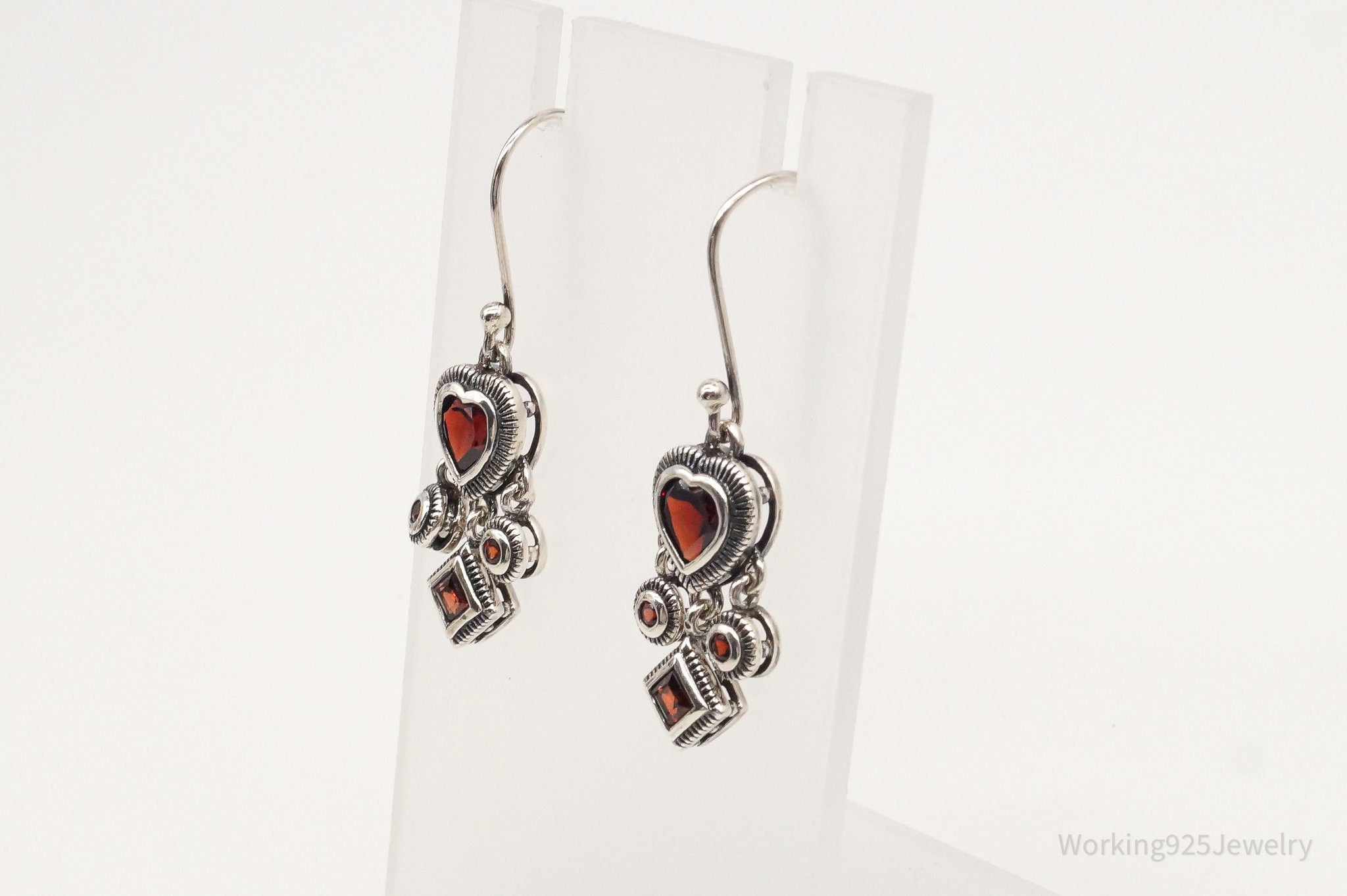 Vintage Garnet Hearts Sterling Silver Earrings