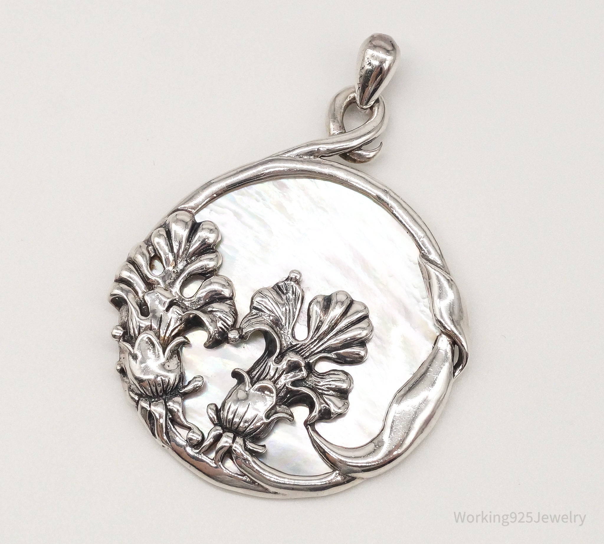 Large Vintage Mother Of Pearl Floral Sterling Silver Pendant