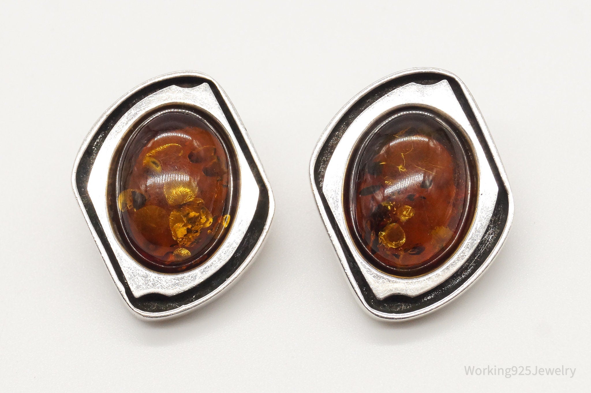 Vintage Amber Modernist Sterling Silver Earrings