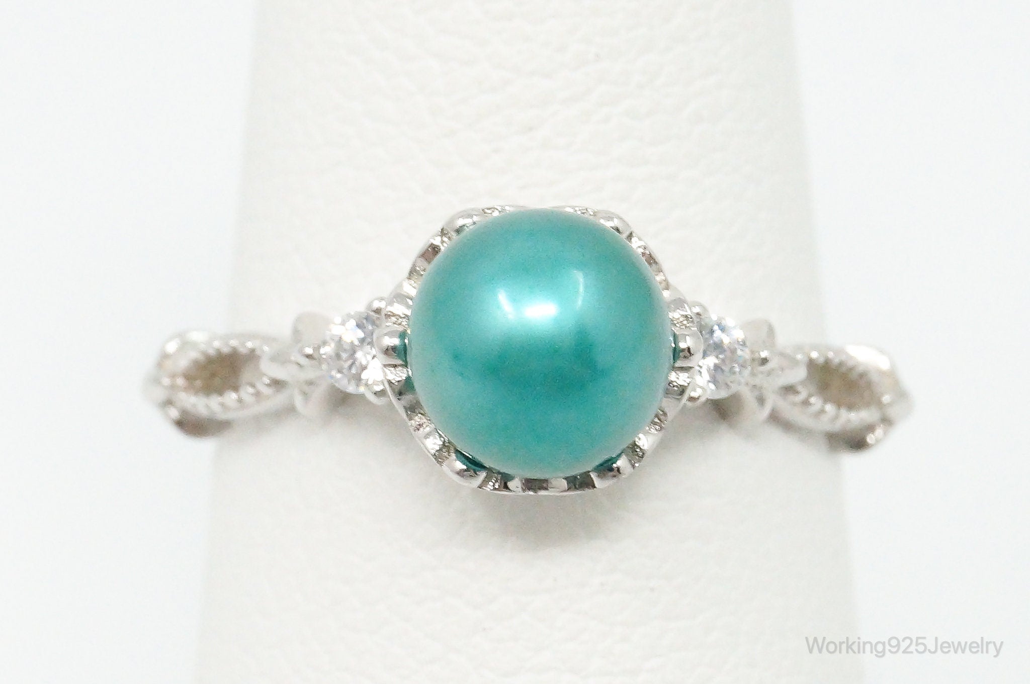 Lab Turquoise Pearl Cubic Zirconia Sterling Silver Ring Size - 6.25 Adjustable