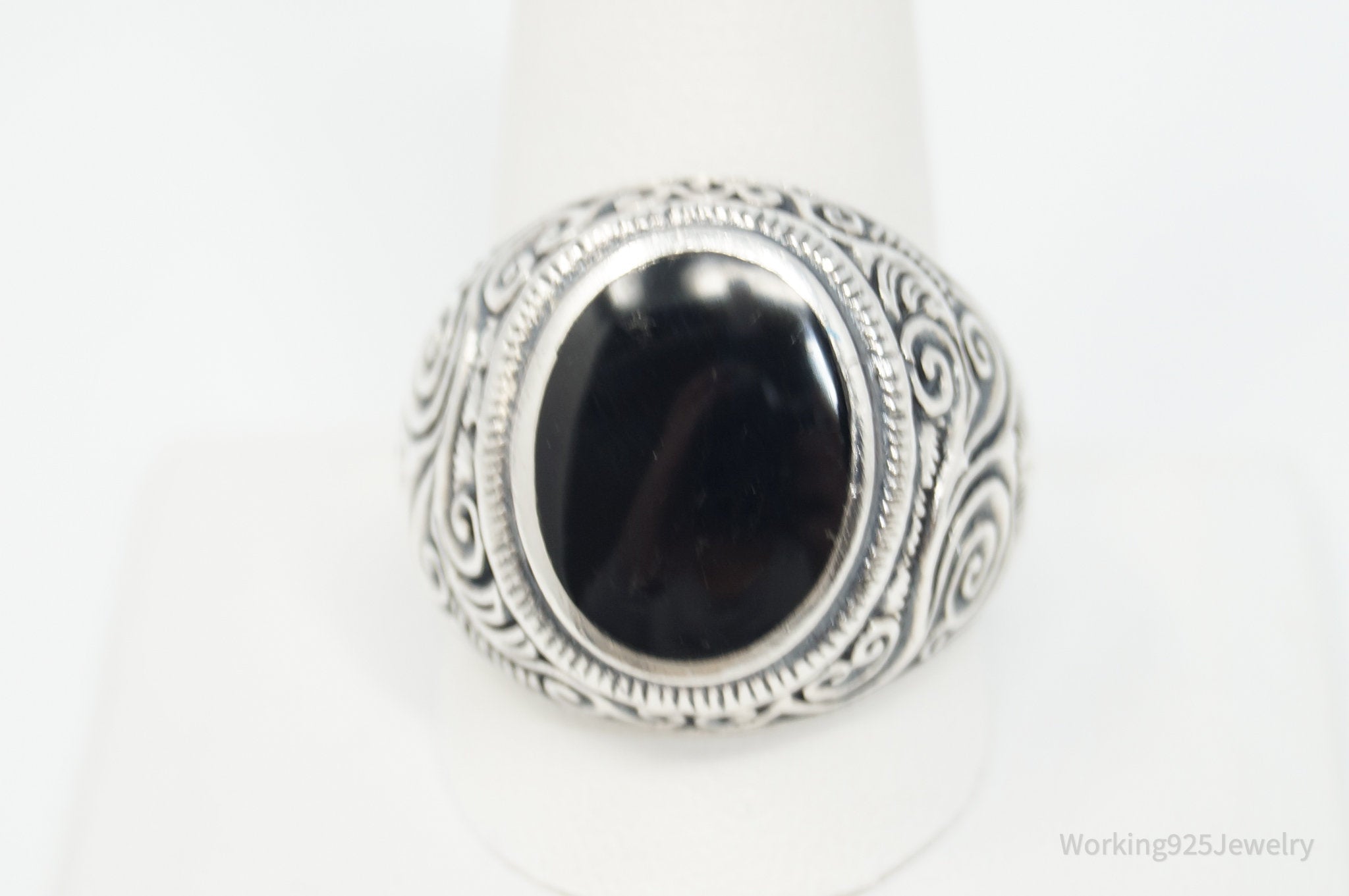 Large Vintage Black Onyx Etched Scroll Sterling Silver Ring - Sz 12