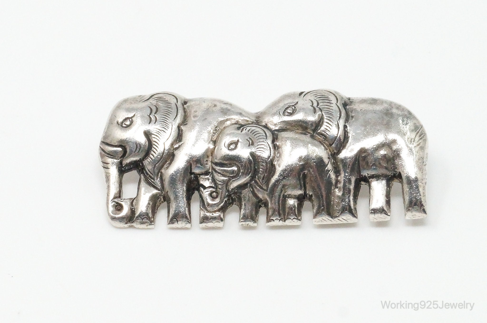 Vintage Elephant Family Sterling Silver Brooch Pin