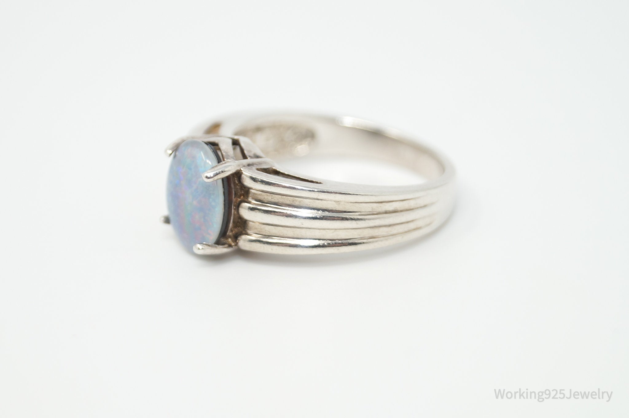 Vintage Designer Art Deco Style Opal Doublet Ring Sterling Silver - Size 8.25