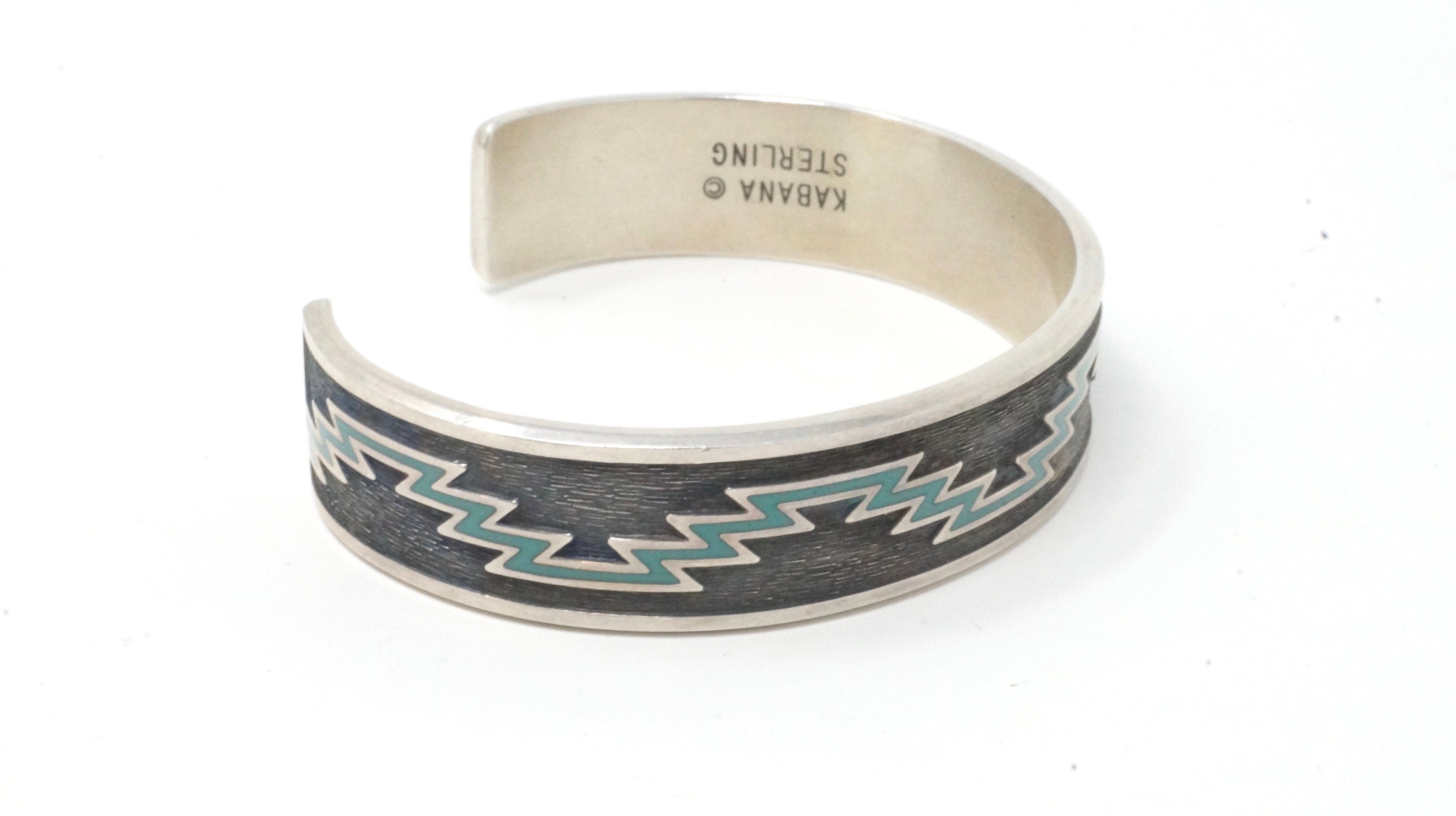 Vintage Designer KABANA Southwest Turquoise Inlay Sterling Silver Cuff Bracelet