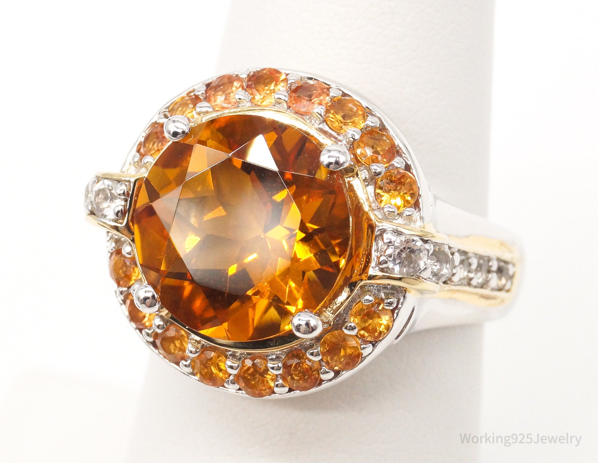 Large Citrine Cubic Zirconia Gold Vermeil Sterling Silver Ring - Size 6