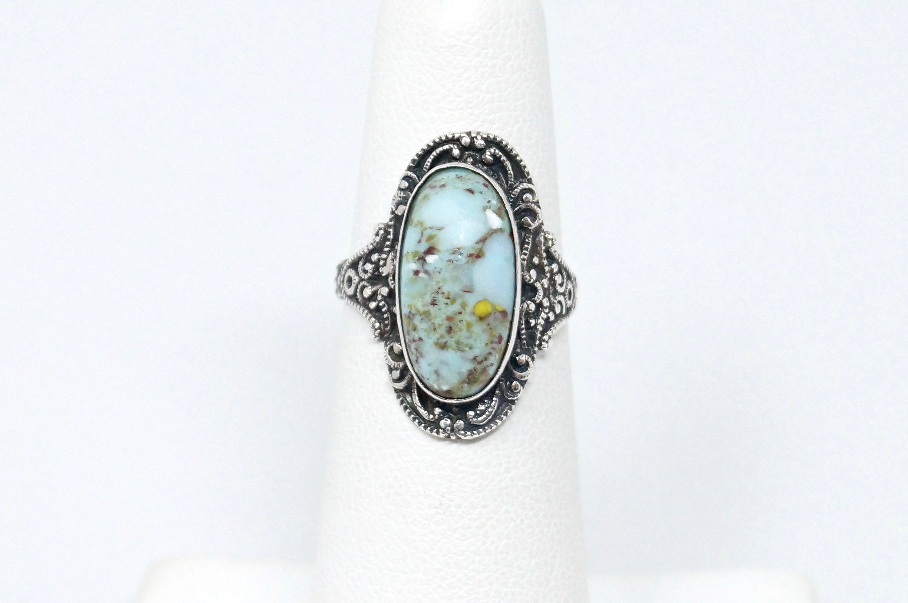 Vintage Art Nouveau Early 1900s Style Turquoise Sterling Silver Ring - Size 5