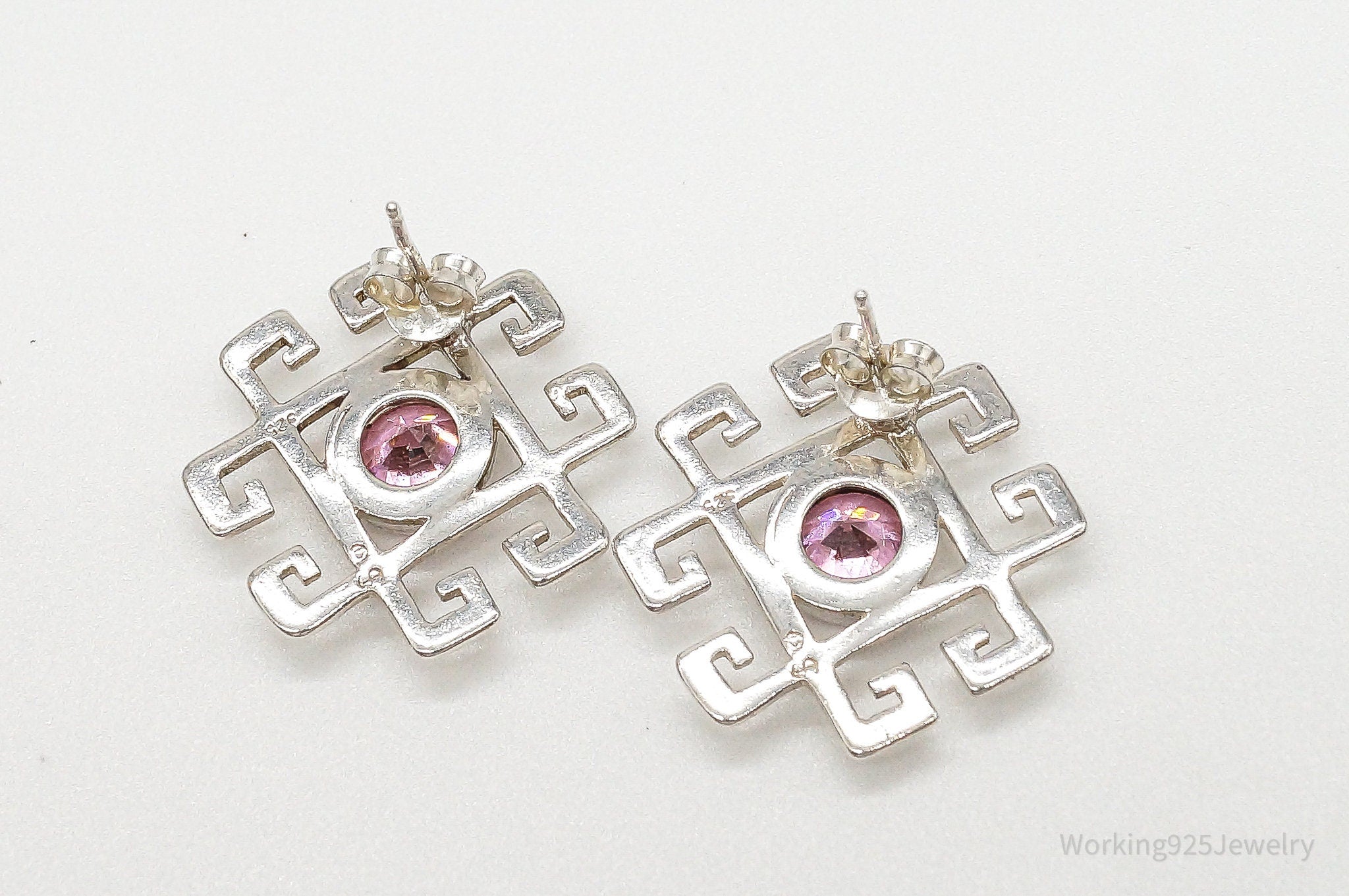 Large Vintage Pink Cubic Zirconia Sterling Silver Earrings