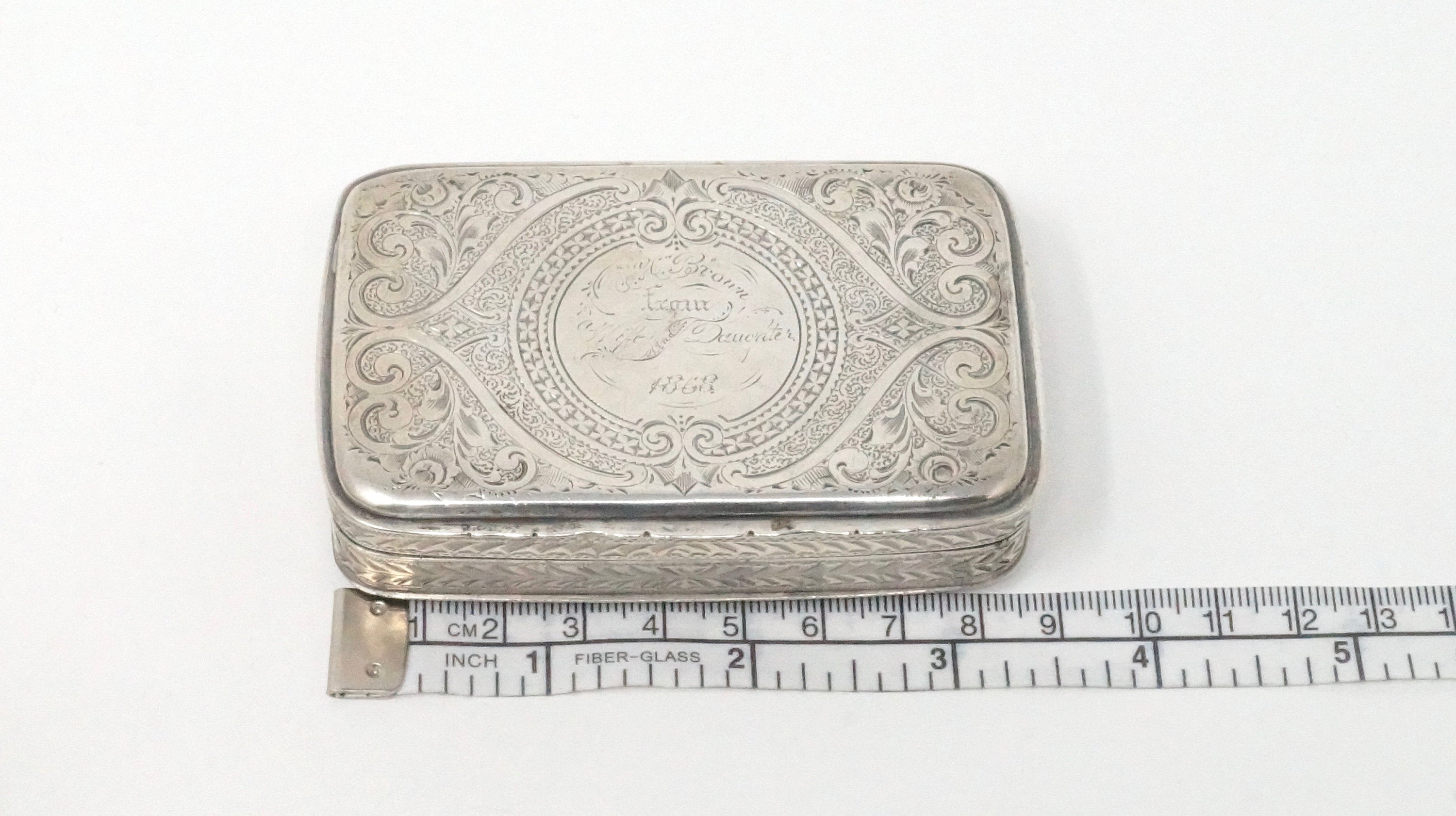 19th Century 1868 Victorian Art Nouveau Ornate Snuff Box Sterling Silver