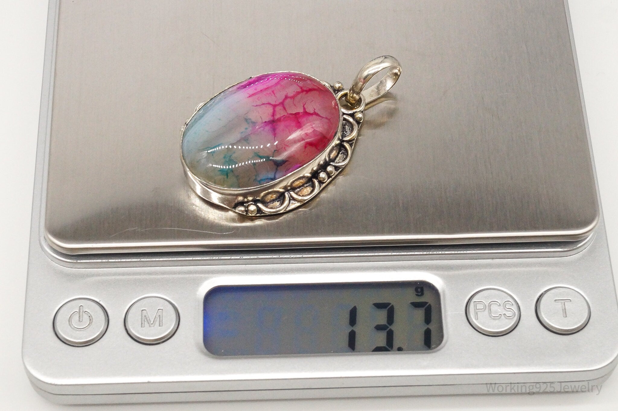 Large Pink & Blue Dyed Stone Bali Sterling Silver Pendant