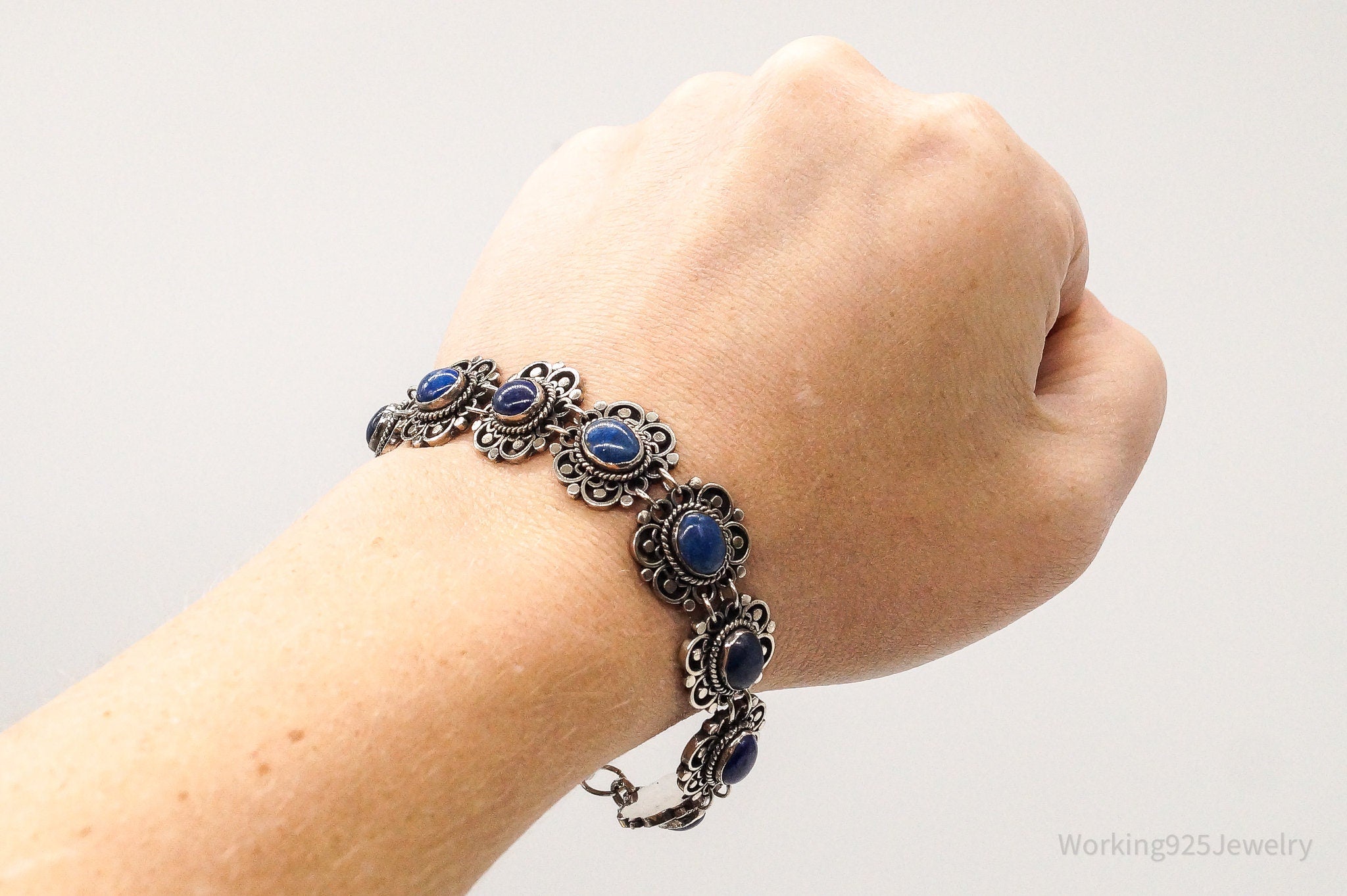 Vintage Lapis Lazuli Flowers Sterling Silver Bracelet