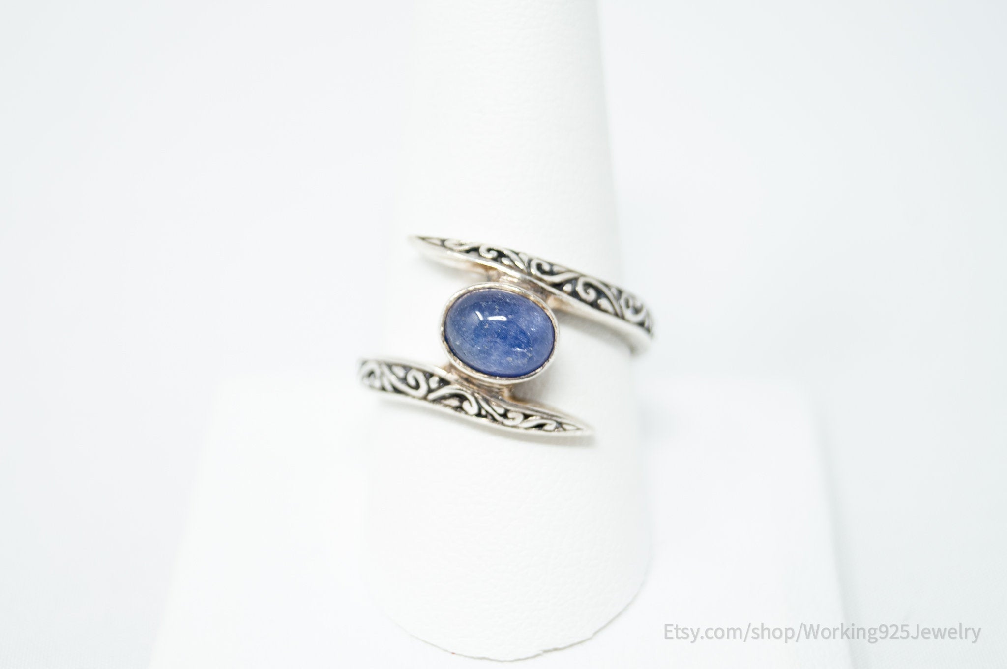 Vintage Deco Style Blue Gemstone Swirl Scroll Sterling Silver Ring - Size 10