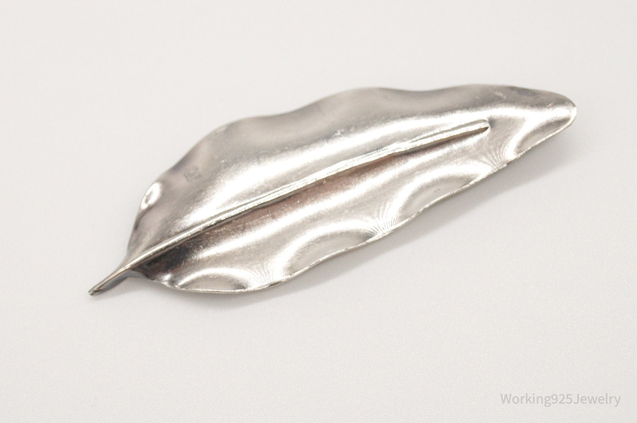 Large Antique Handmade Sterling Silver Leaf Pin Brooch