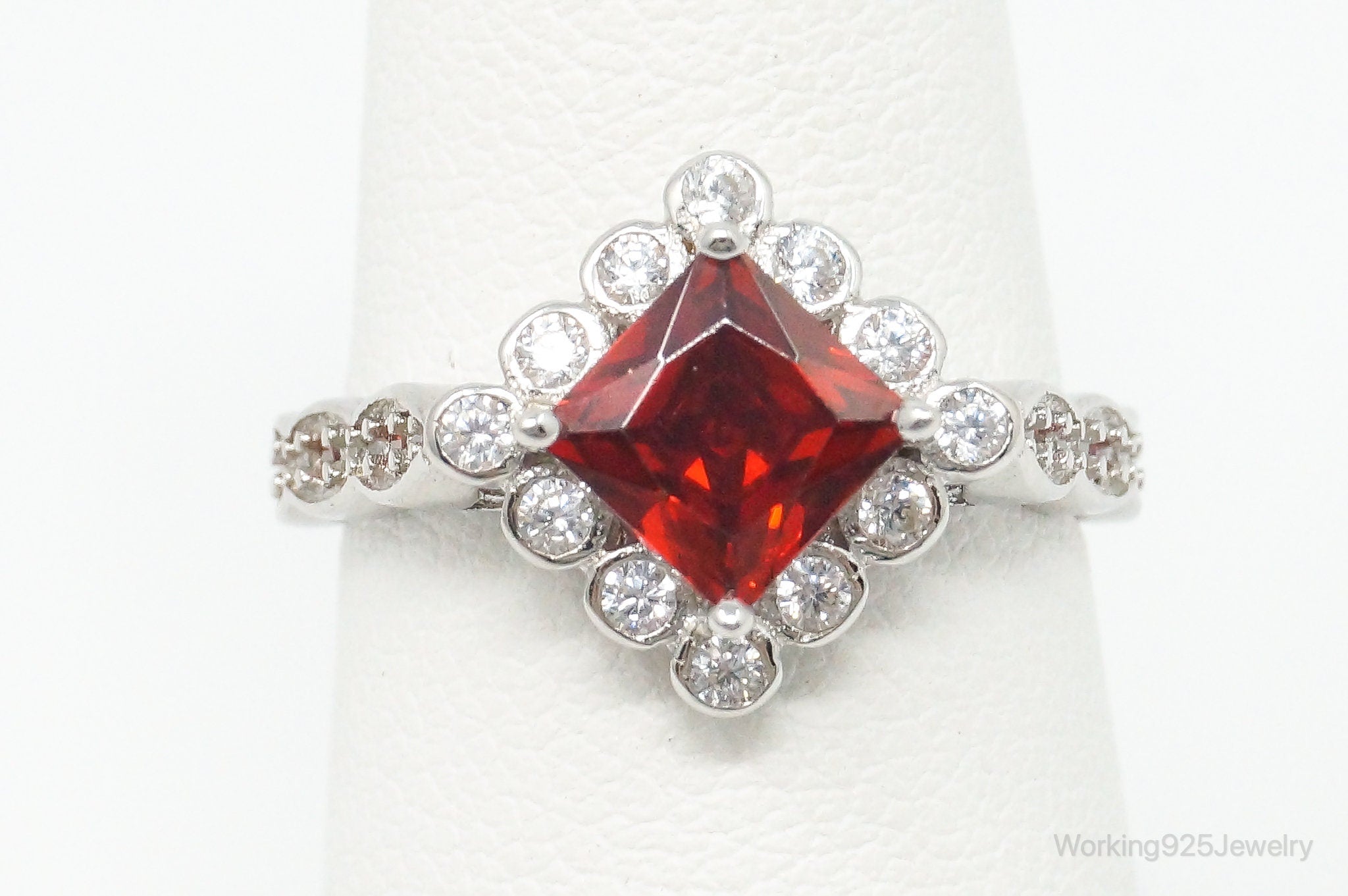 Garnet Cubic Zirconia Sterling Silver Ring - Size 6.5