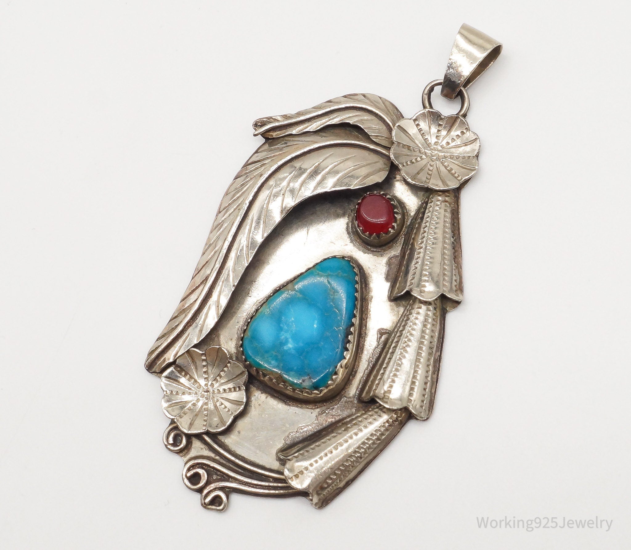 Large Vintage Native American Turquoise Carnelian Sterling Silver Pendant