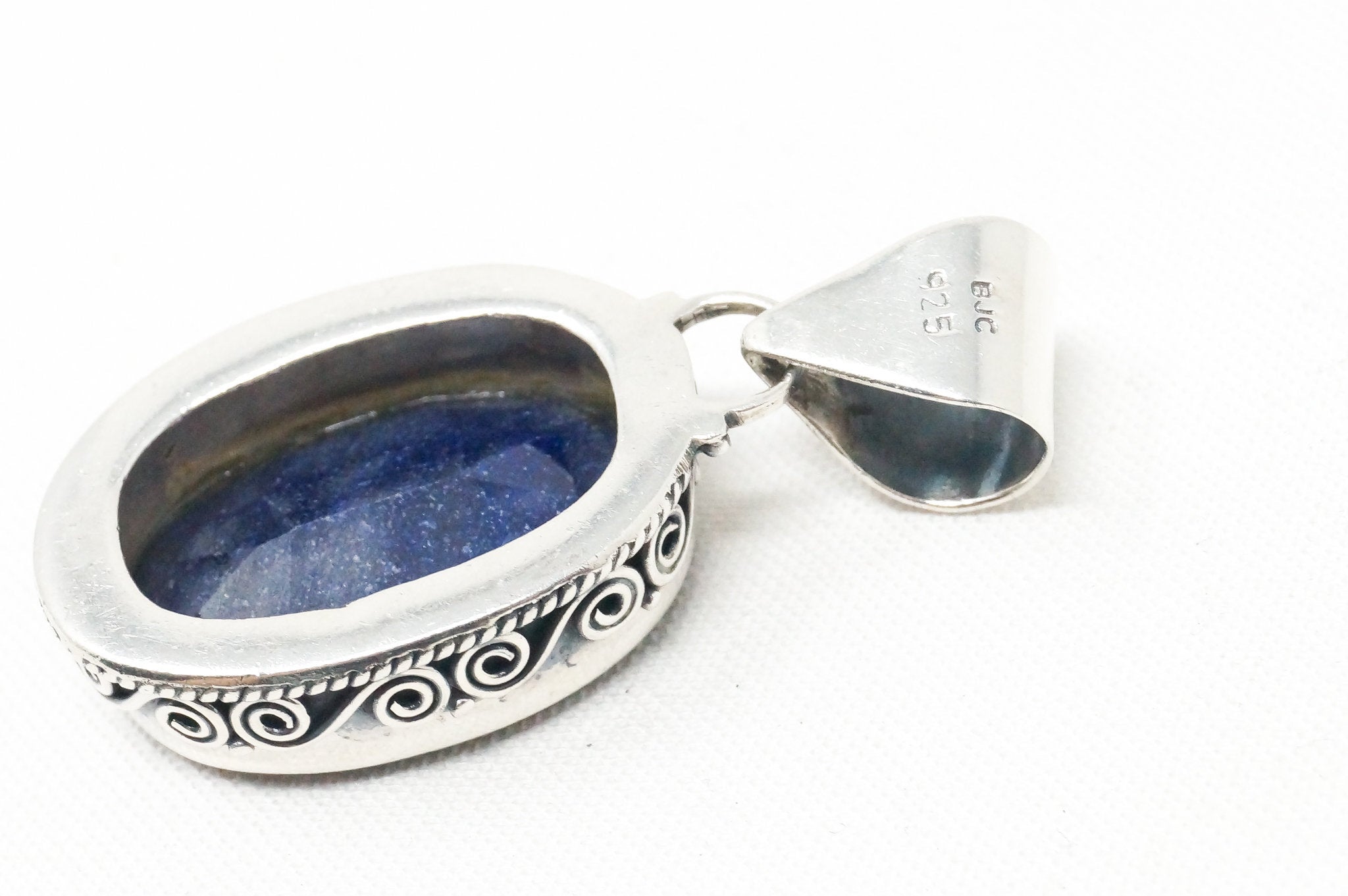 Vintage Designer BJC Lapis Lazuli Bali Scroll Sterling Silver Necklace Pendant