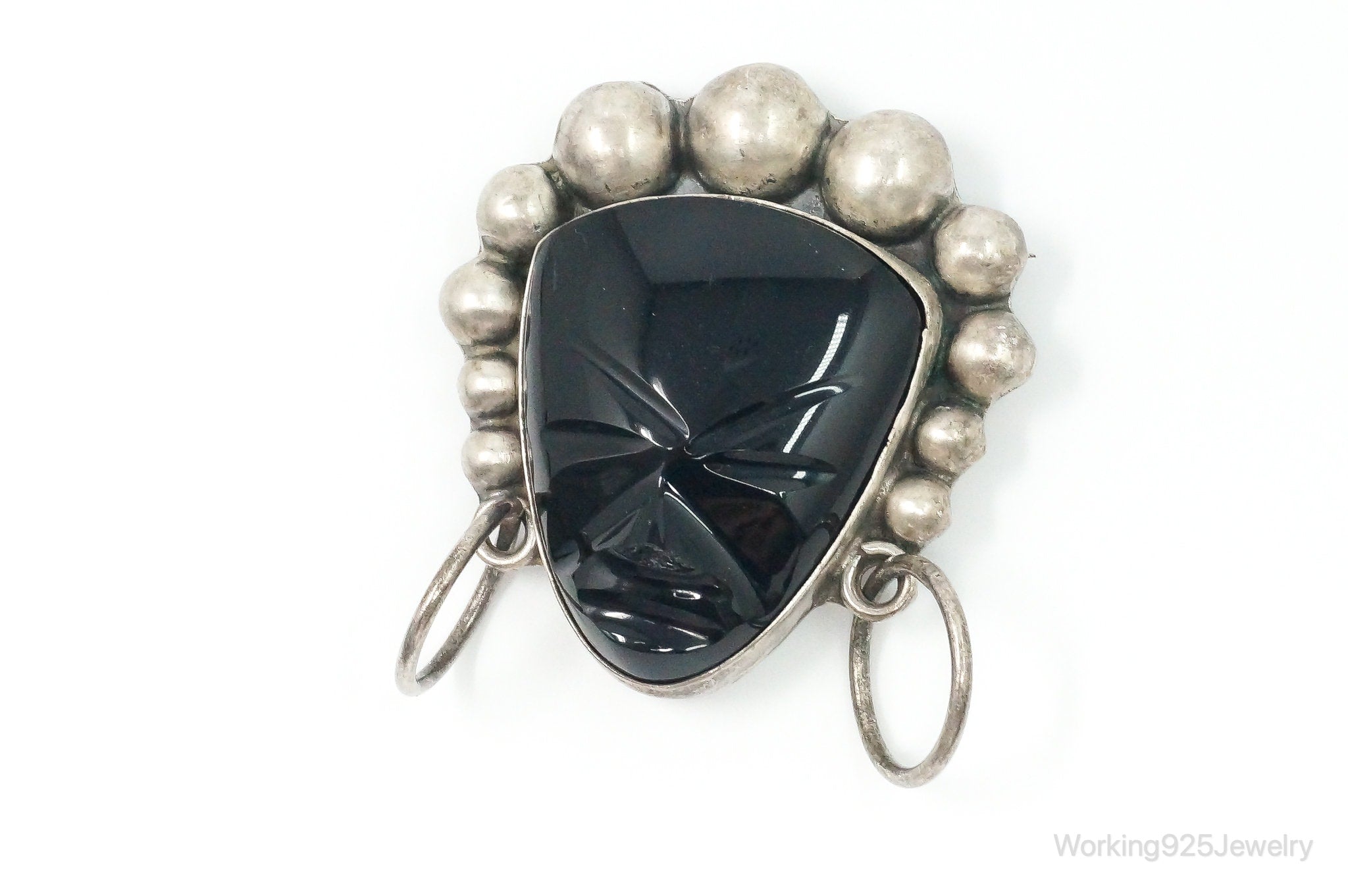 Large VTG Mexico Vaughn’s Black Onyx Tribal Mask Sterling Silver Brooch Pin