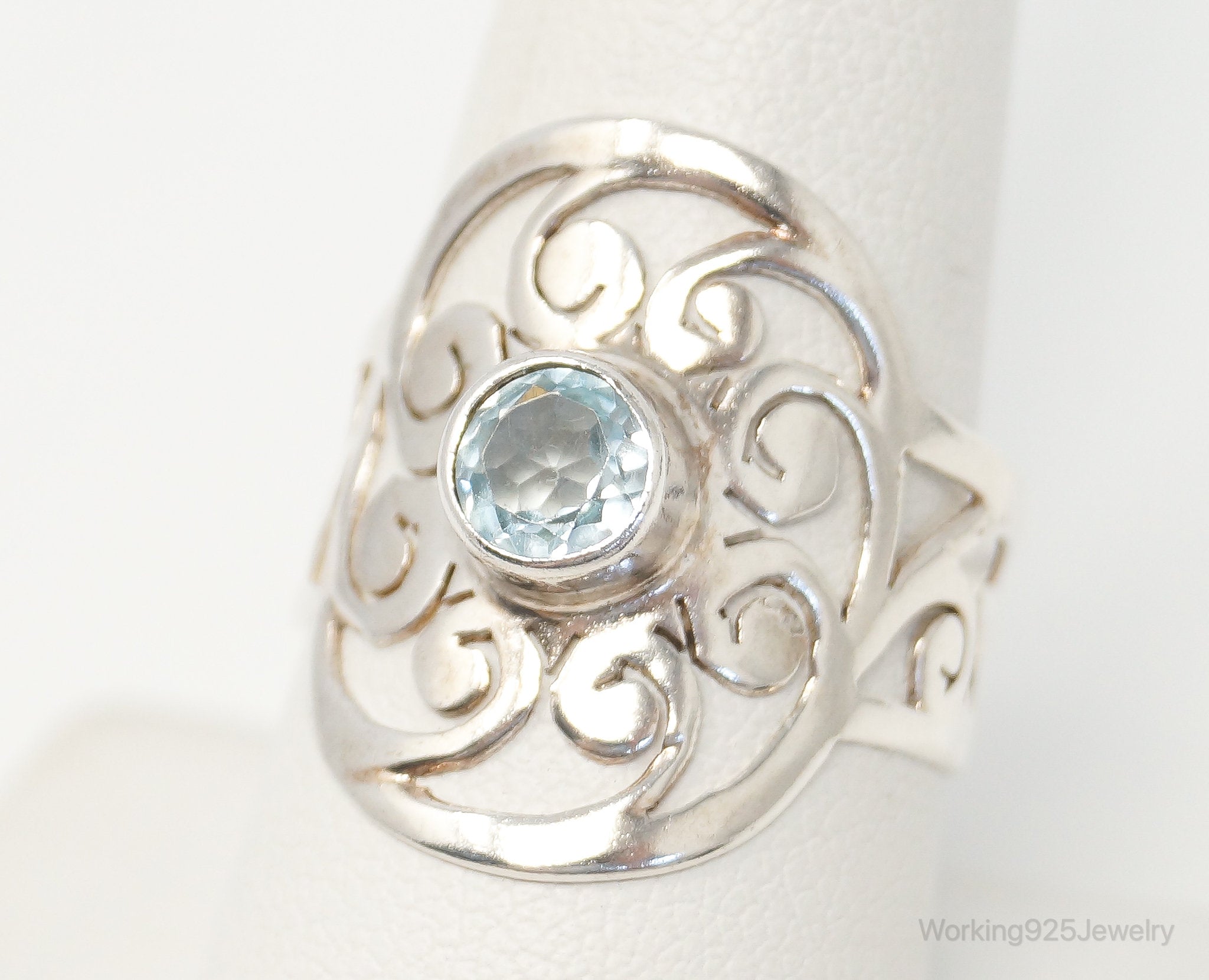 Vintage Bali Style Blue Topaz Cut Out Sterling Silver Ring - Size 9