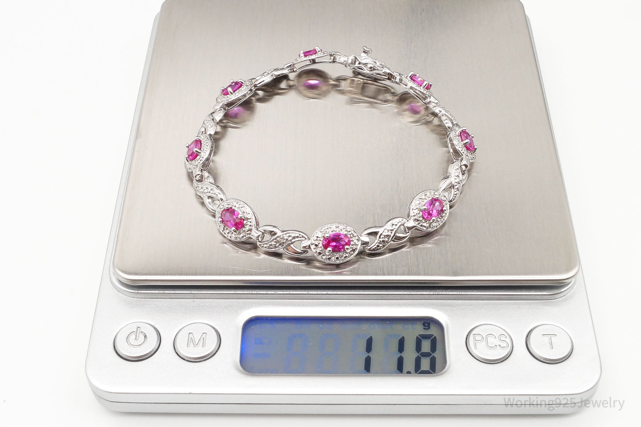 Designer Ross Simons Lab Pink Sapphires & 1 Diamond Sterling Silver Bracelet