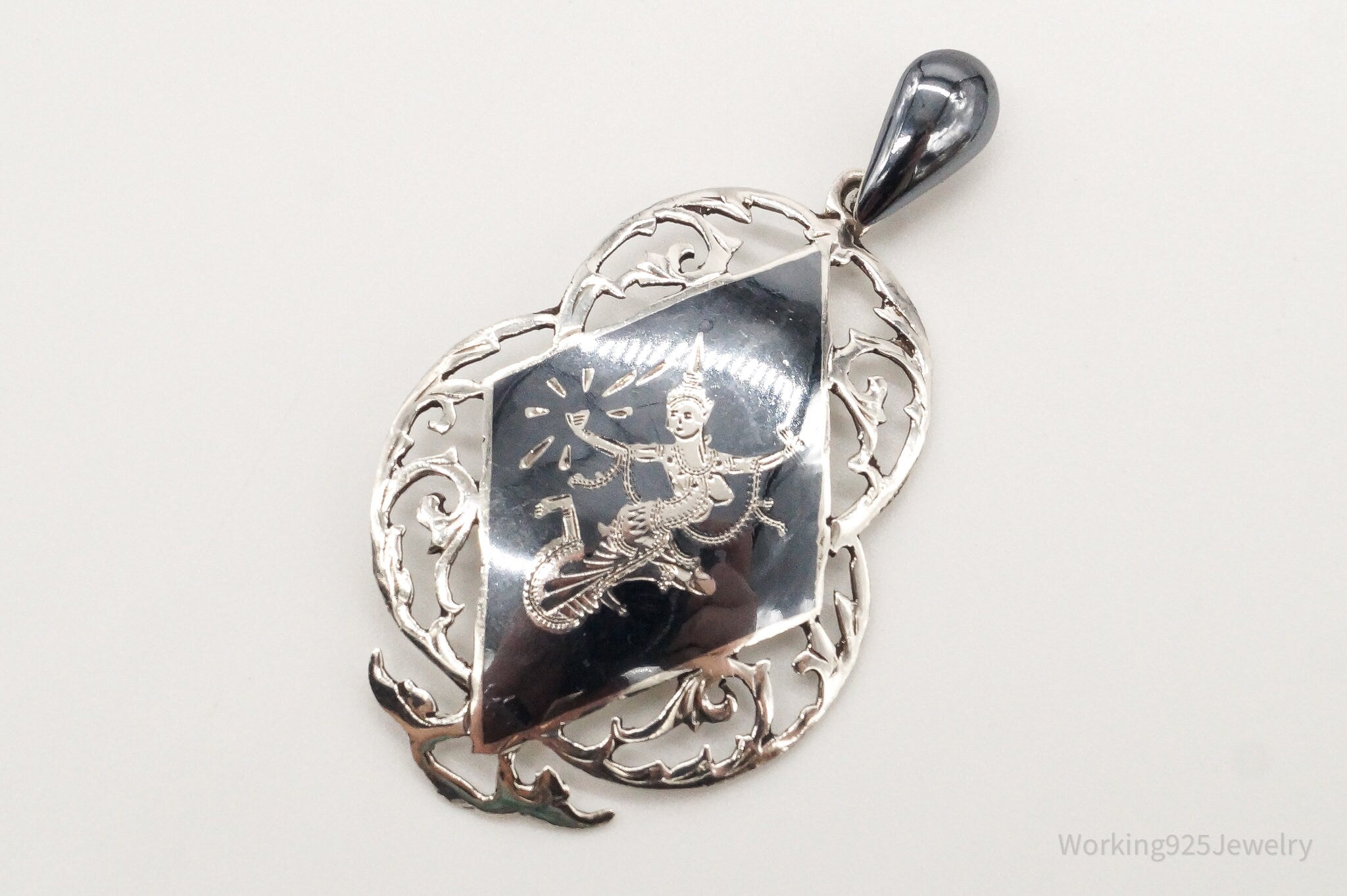 Large Vintage Siam Black Enamel Goddess Dancer Sterling Silver Pendant