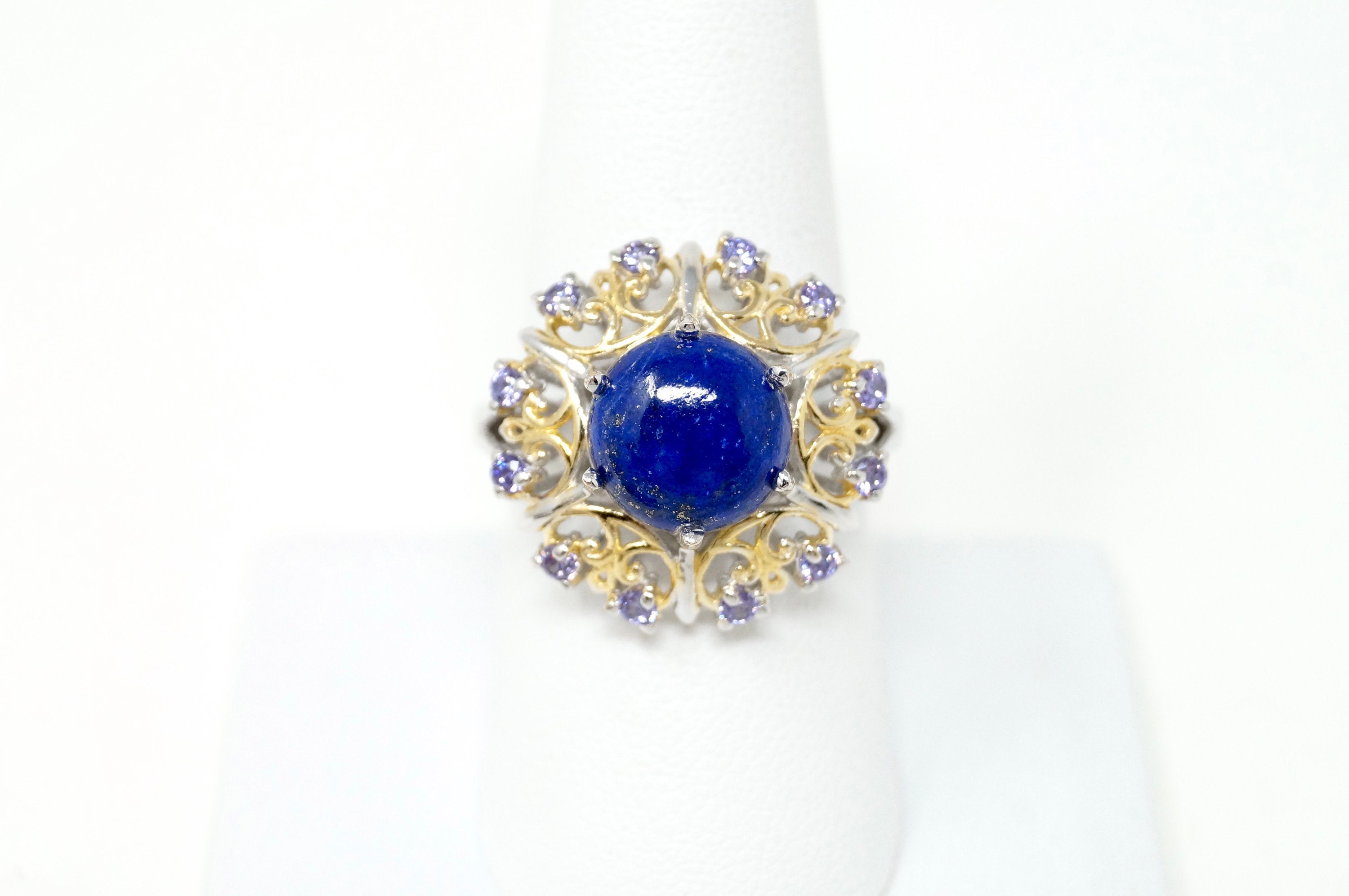 Vintage Karis Blue Lapis Lazuli Amethyst Gold Wash Deco Sterling Silver Ring Sz8