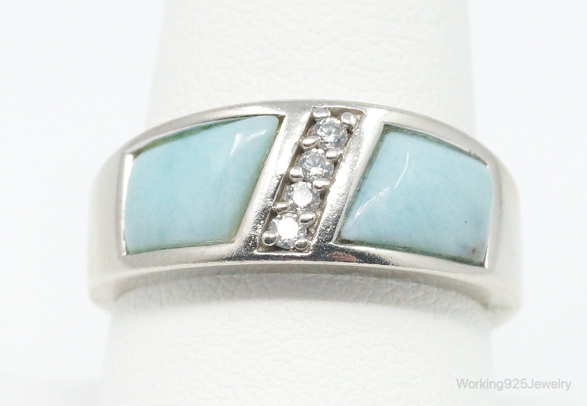 Vintage Blue Larimar Cubic Zirconia Sterling Silver Ring - Size 9.75