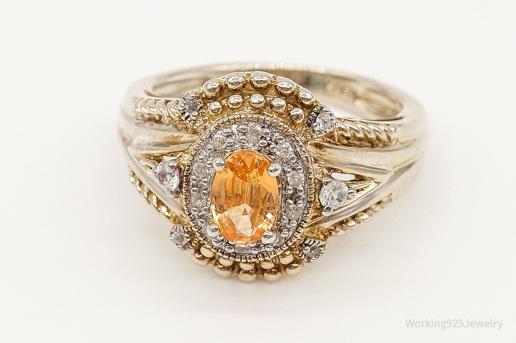 Designer Orange Topaz Cubic Zirconia Gold Vermeil Sterling Silver Ring - Size 7