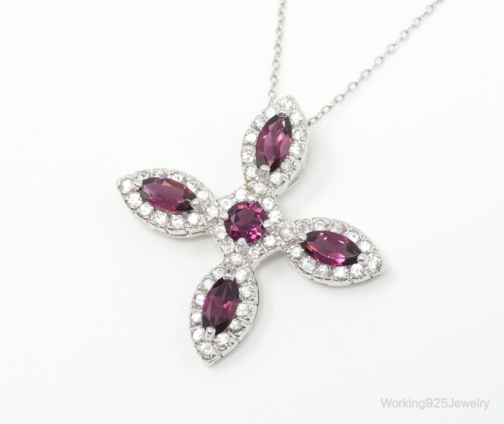 Large Rhodolite Garnet Cubic Zirconia Sterling Silver Necklace