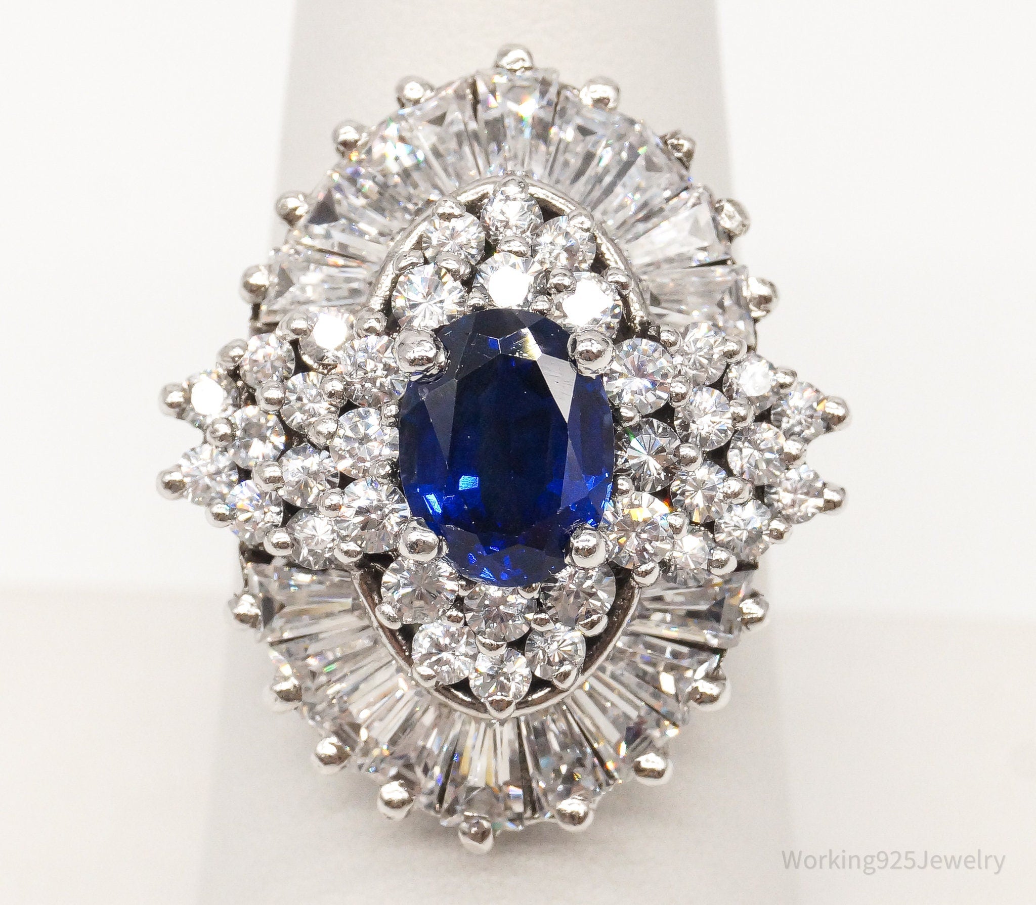 Vintage Lab Sapphire Cubic Zirconia Sterling Silver Ring - Size 8