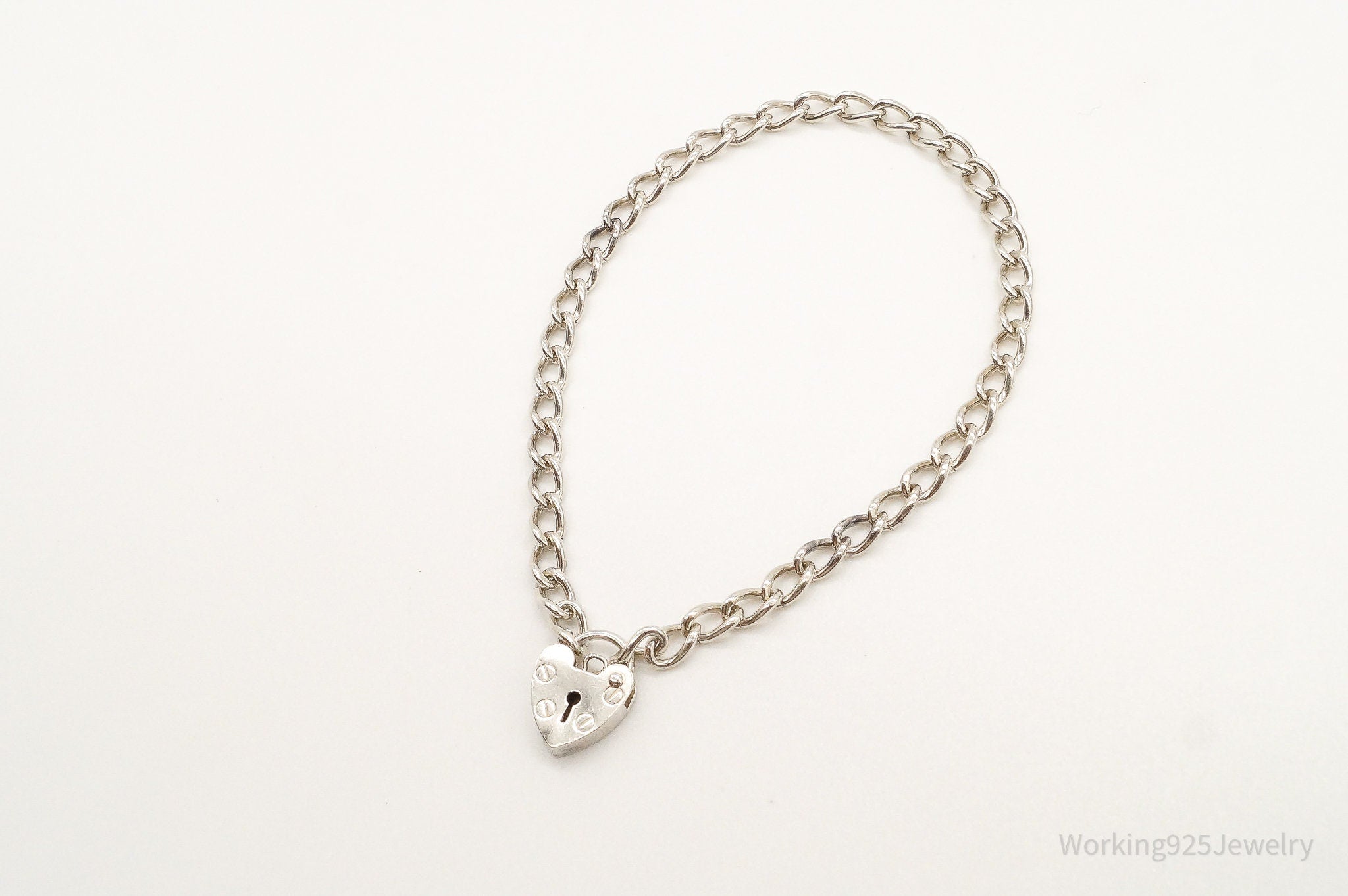 Antique Heart Lock Charm Lover Sterling Silver Chainlink Bracelet