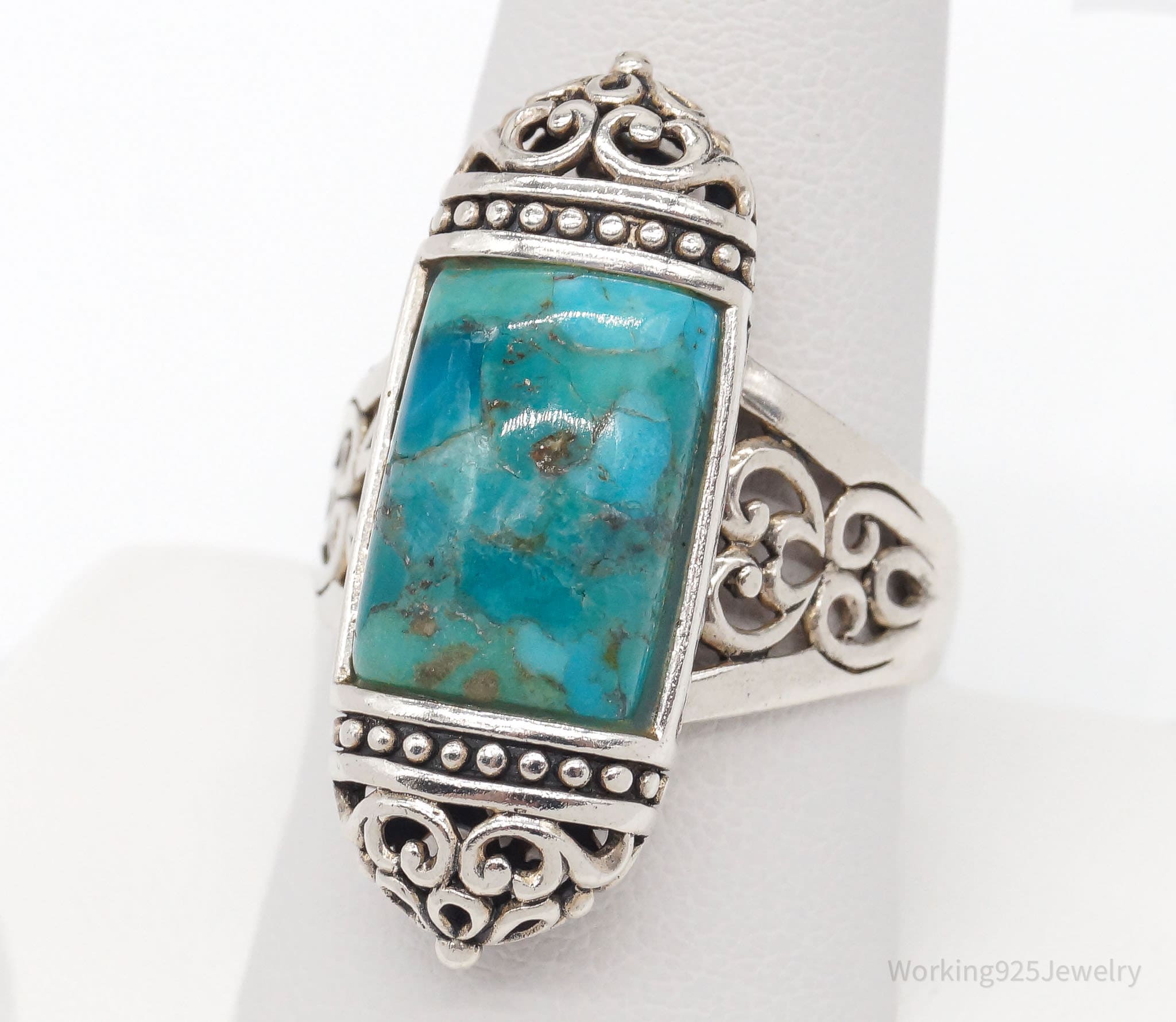 Designer BBJ Turquoise Filigree Sterling Silver Ring - Size 9.5