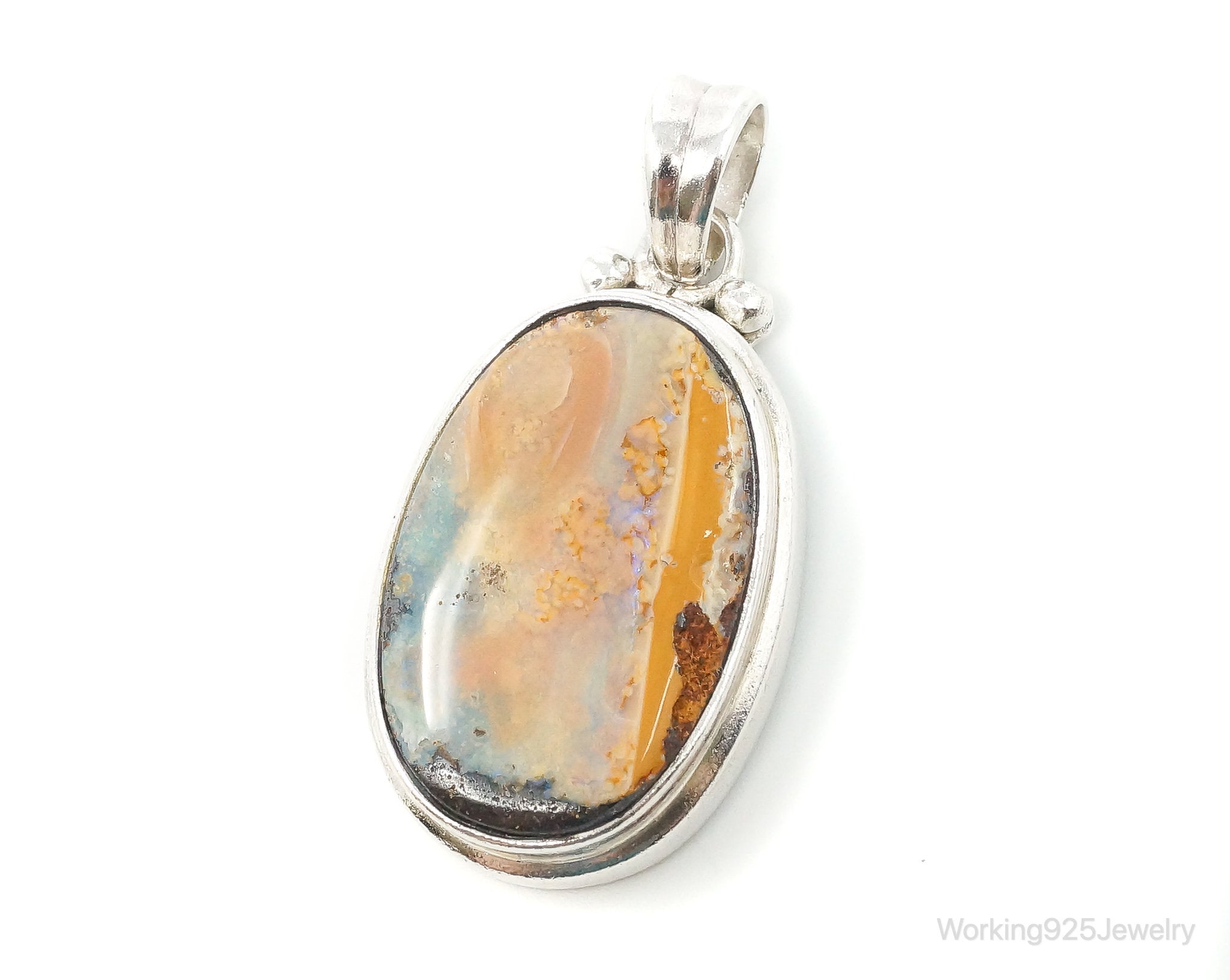 Large Vintage Opalized Agate Sterling Silver Necklace Pendant