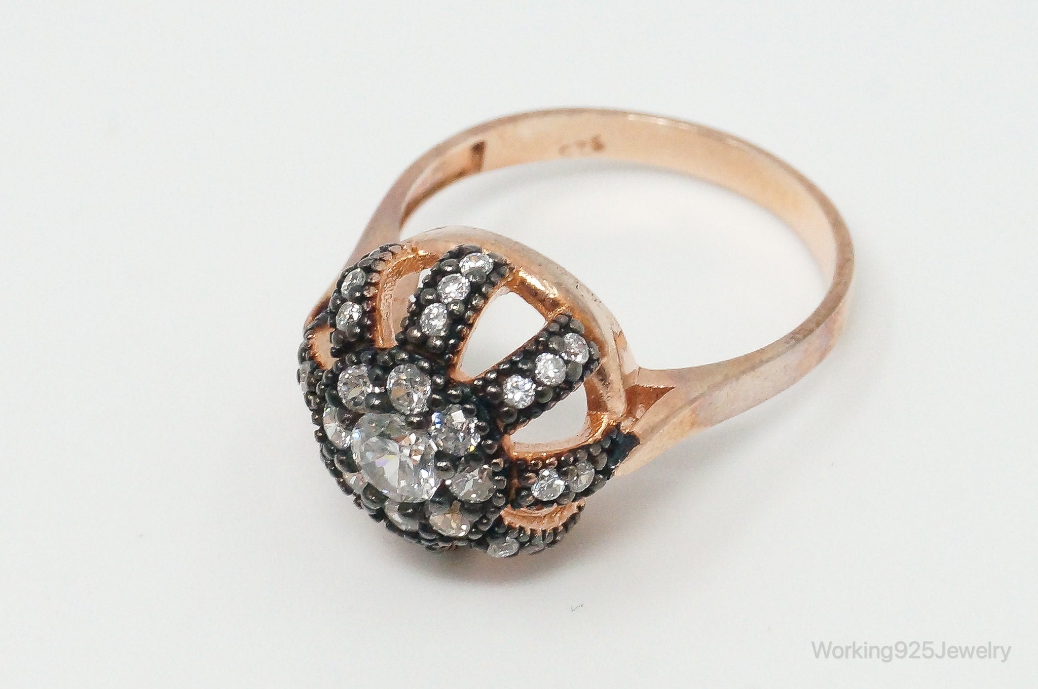 Vintage Cubic Zirconia Rose Gold Vermeil Sterling Silver Crown Ring - Size 7.25