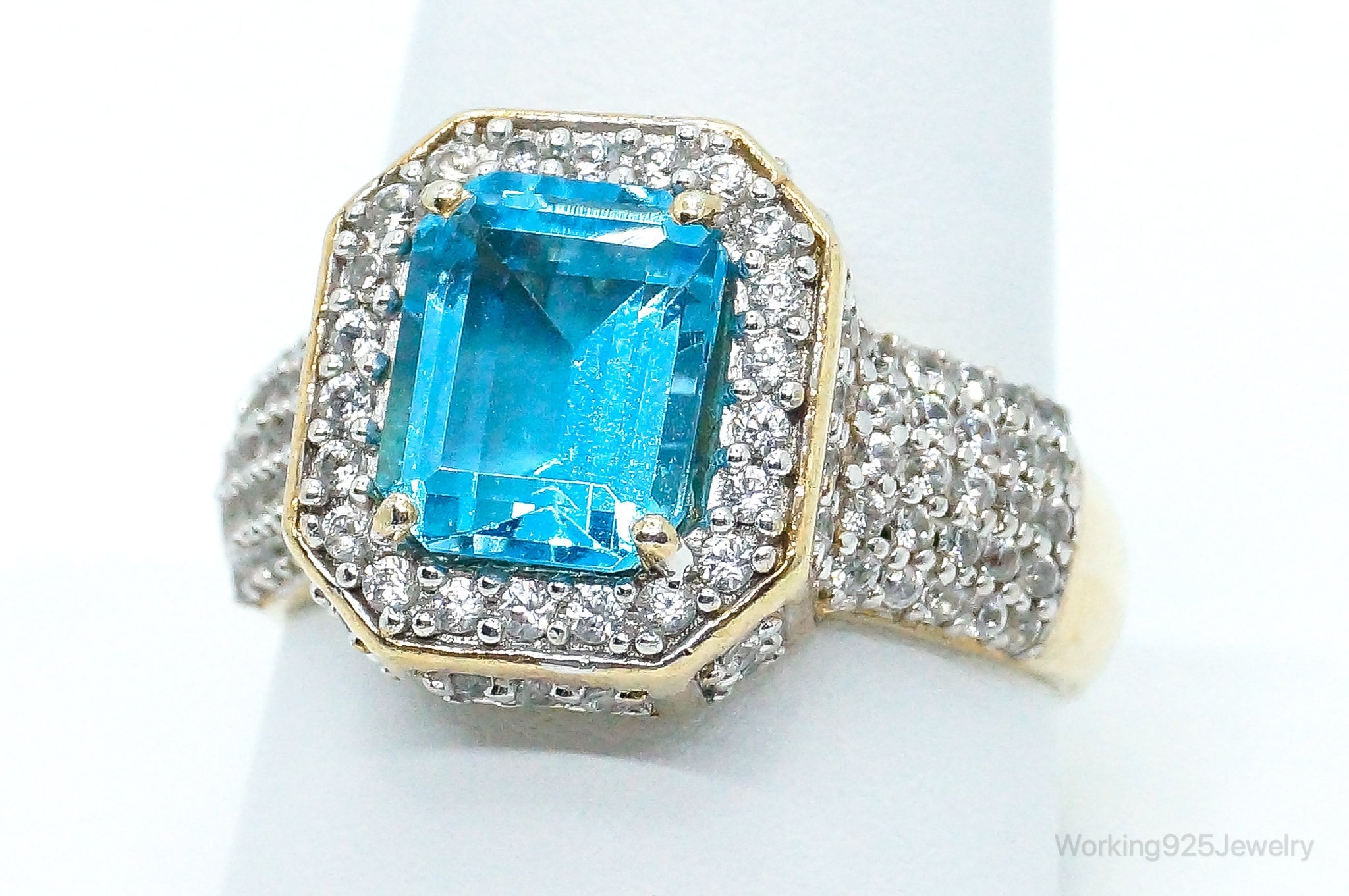 Vintage Blue Topaz Cubic Zirconia Gold Vermeil Sterling Silver Ring - Size 10