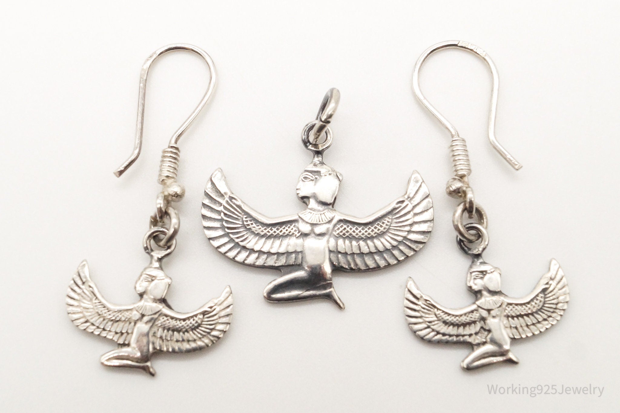 Vintage Egyptian Winged Goddess Isis Sterling Silver Pendant Earrings Set