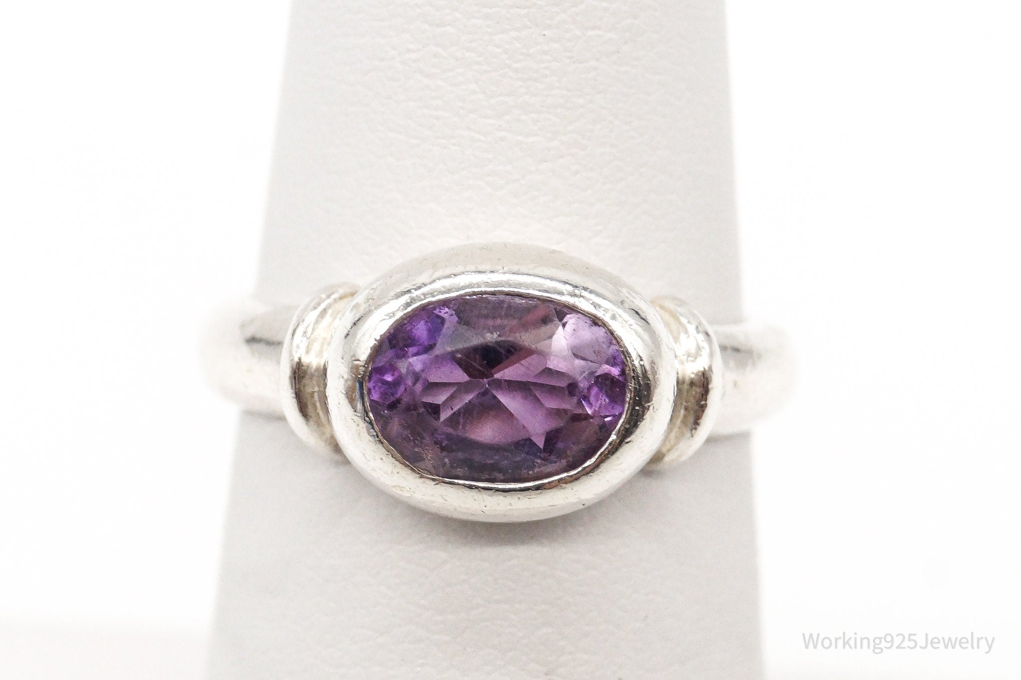 Vintage Designer Modernist Amethyst Sterling Silver Ring - Size 6