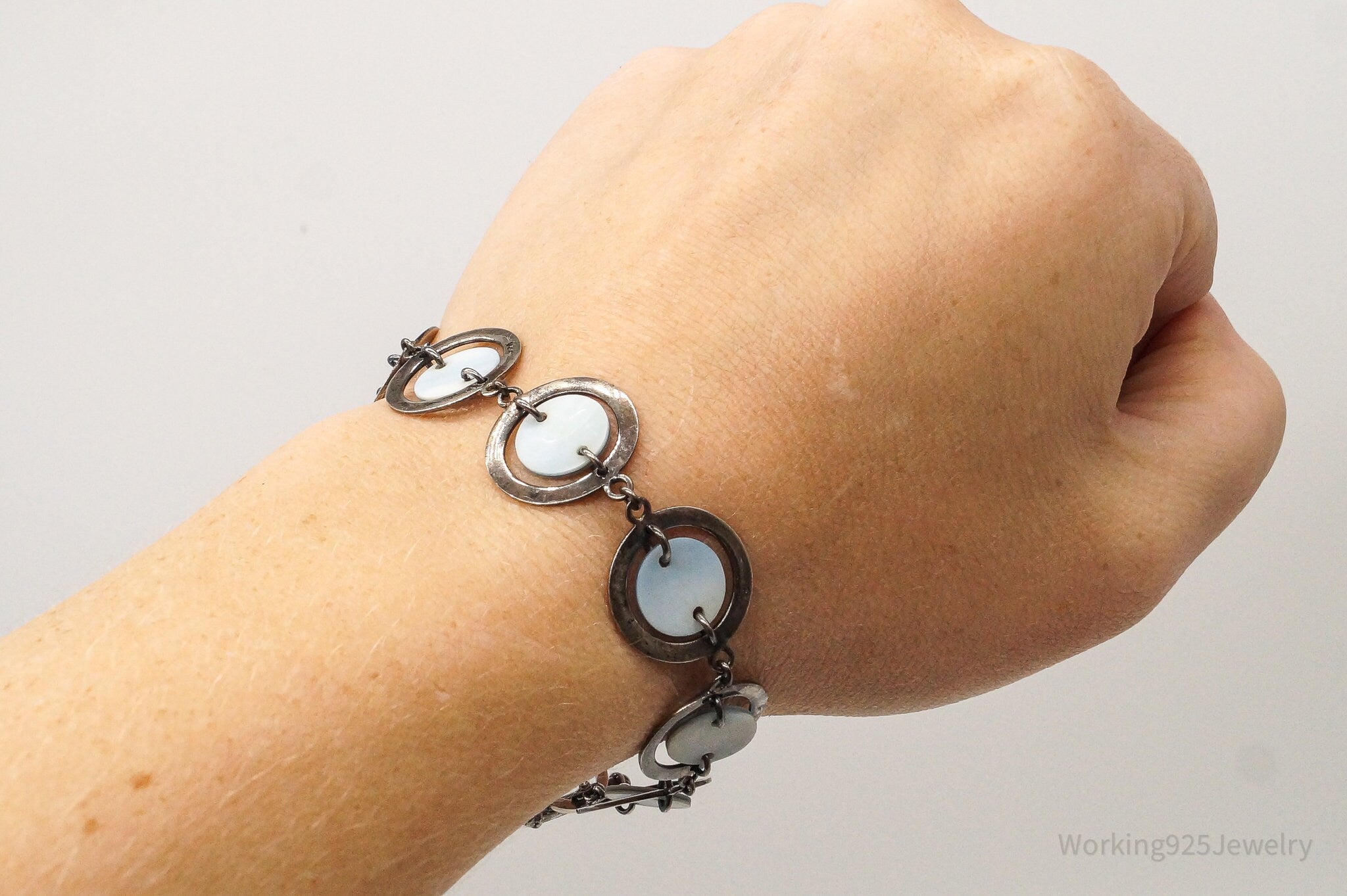 Vintage Blue Mother Of Pearl Sterling Silver Toggle Bracelet