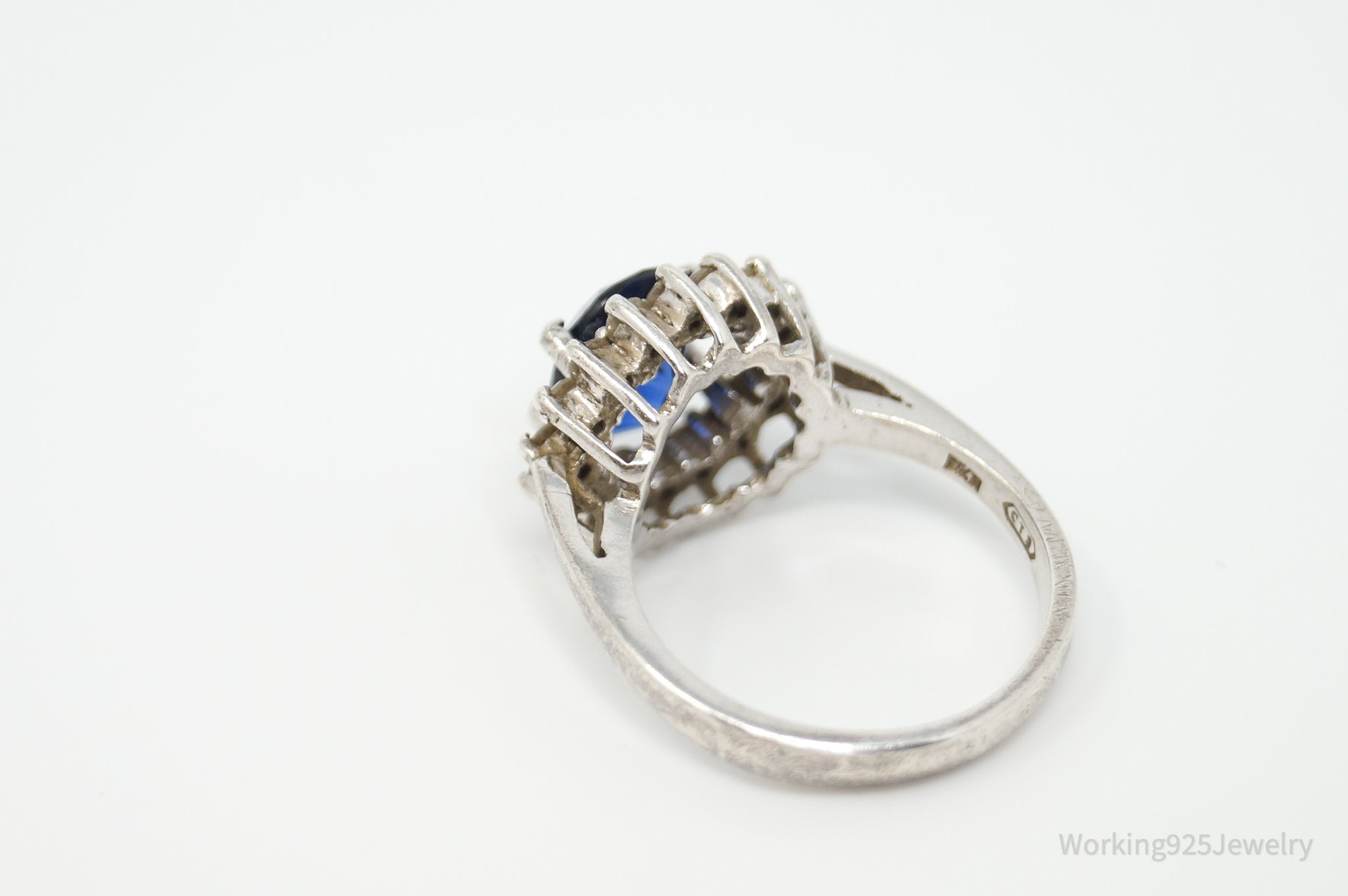 Vintage Art Deco Style Blue Glass CZ Sterling Silver Ring - Size 6