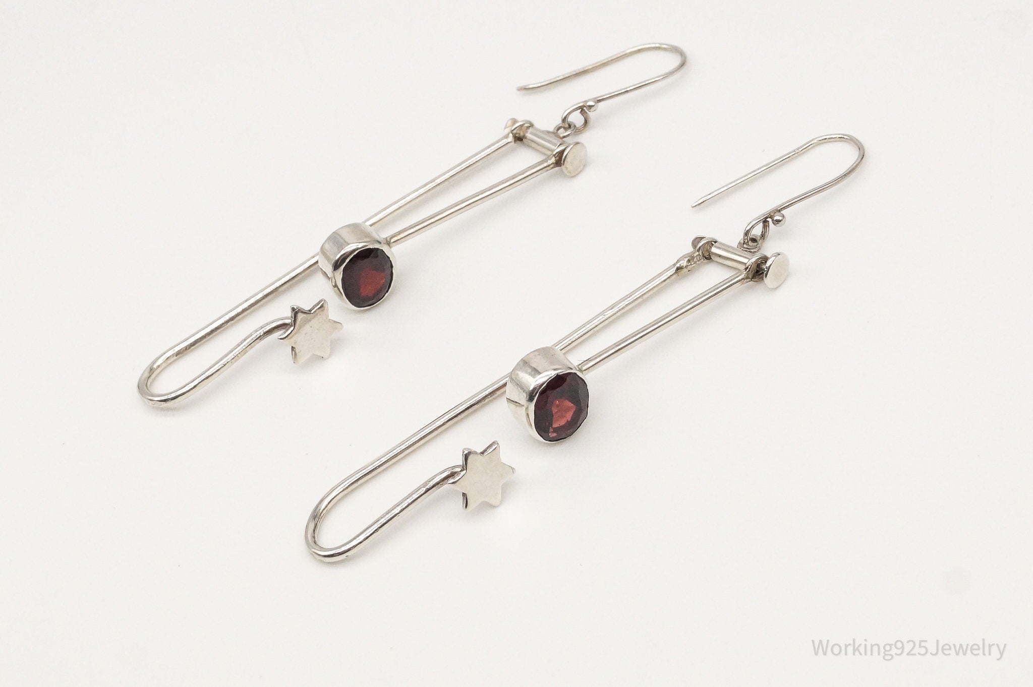 Vintage Garnet Long Moving Silver Earrings