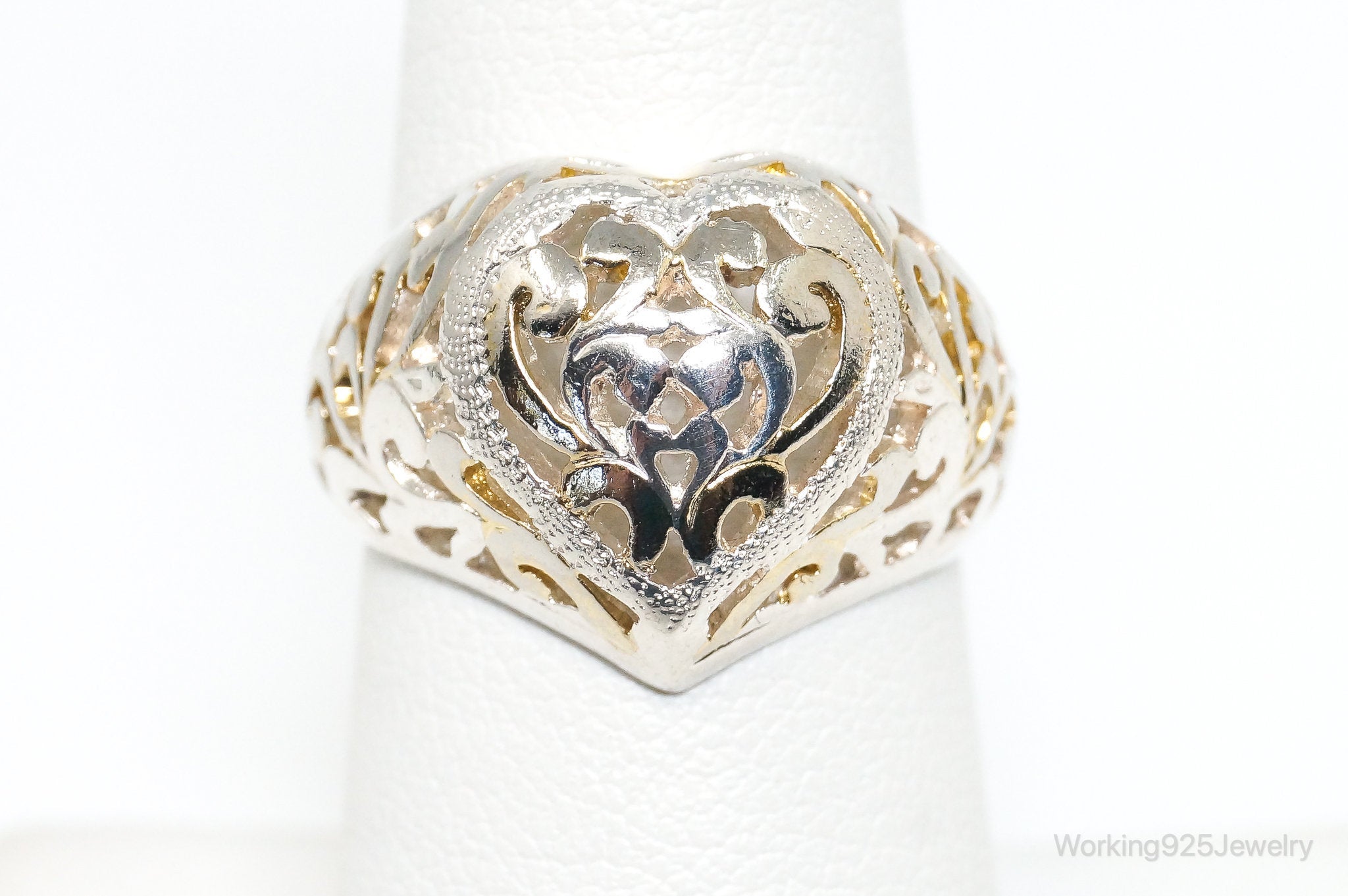 Vintage Designer SU Motif Cut Out Heart Gold Wash Sterling Silver Ring - SZ 7