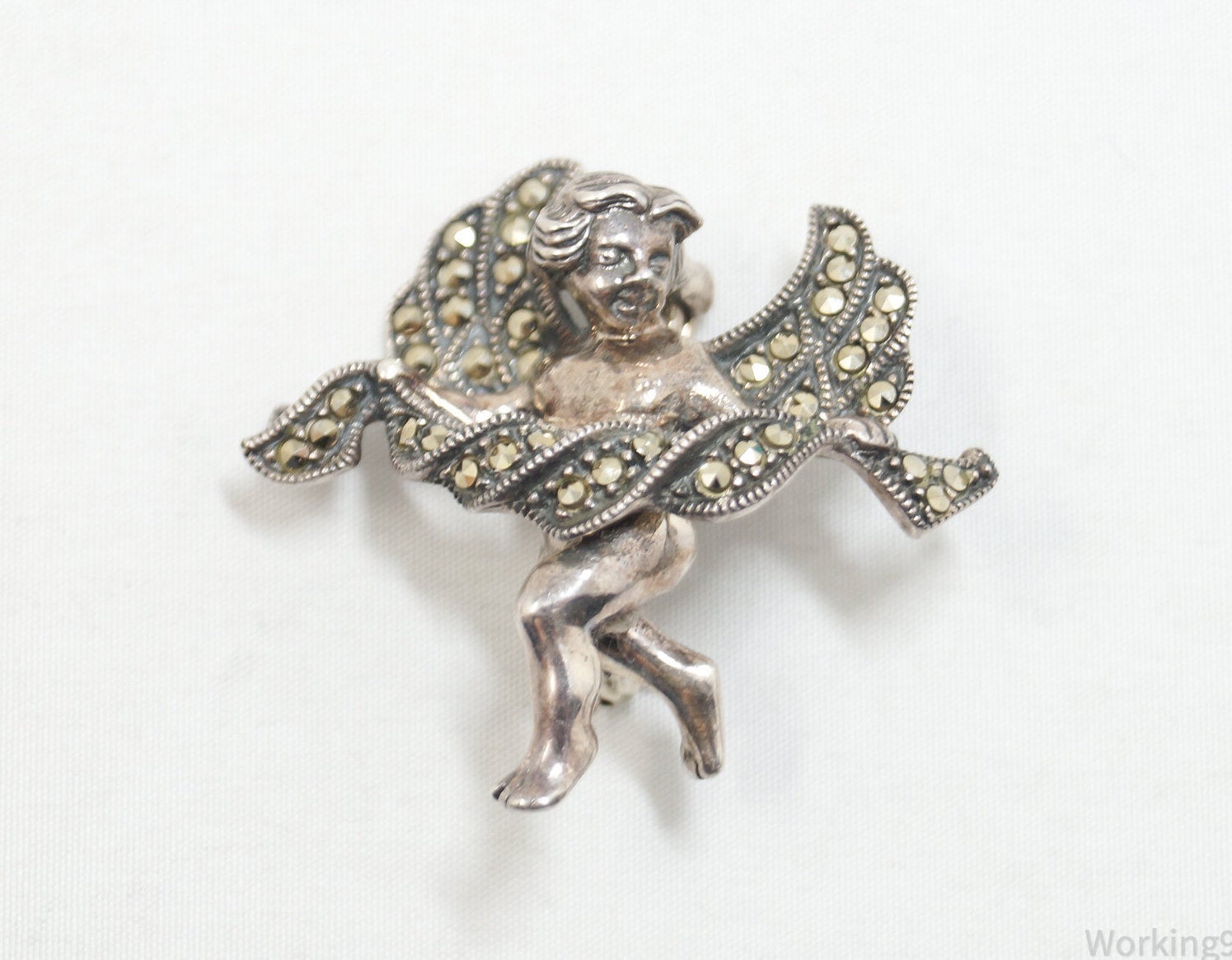 Vintage Designer Judith Jack Marcasite Angel Cherub Sterling Silver Brooch Pin