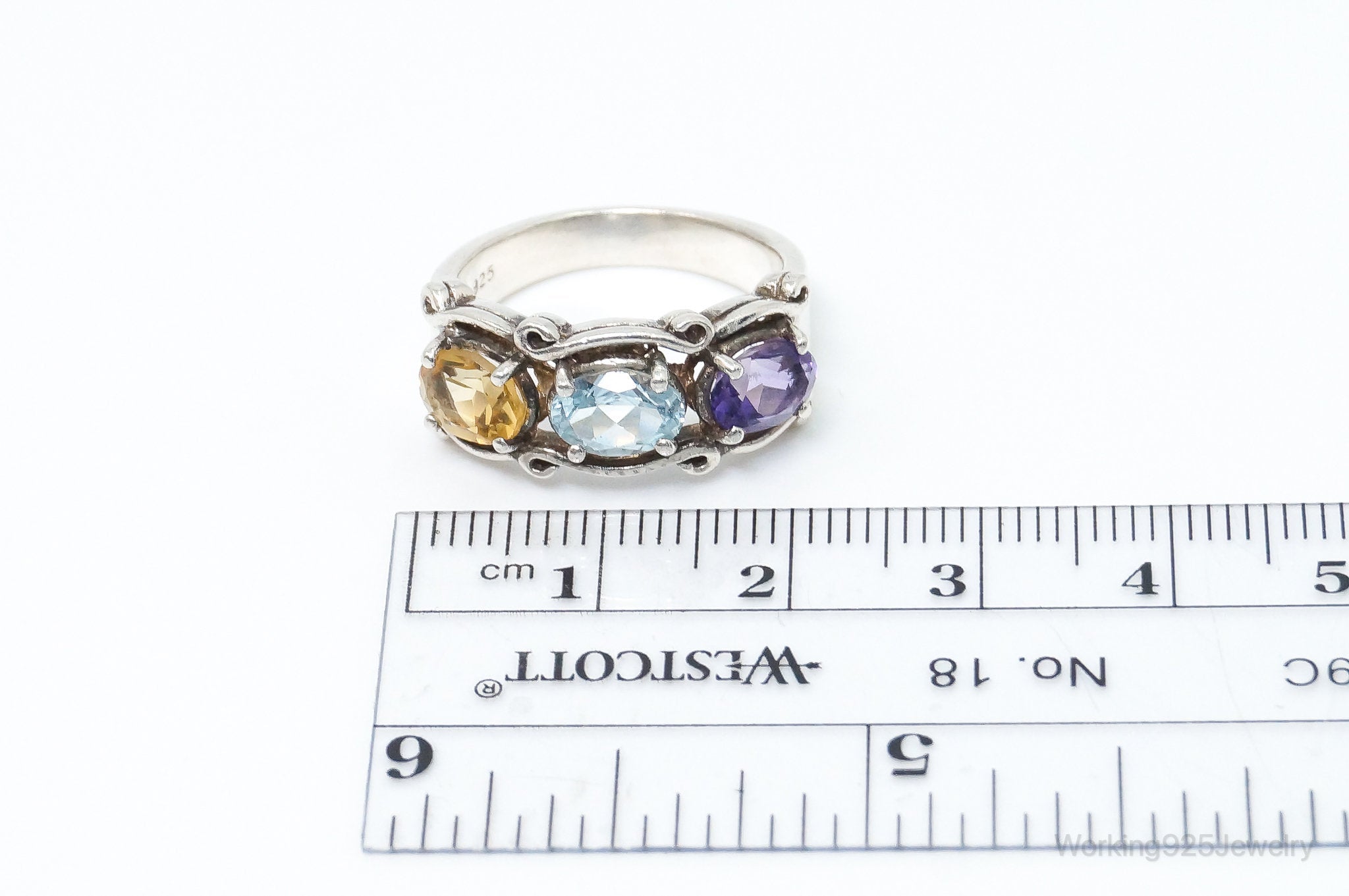 Vintage Designer Art Deco Multi Gem Sterling Silver Ring - Size 7