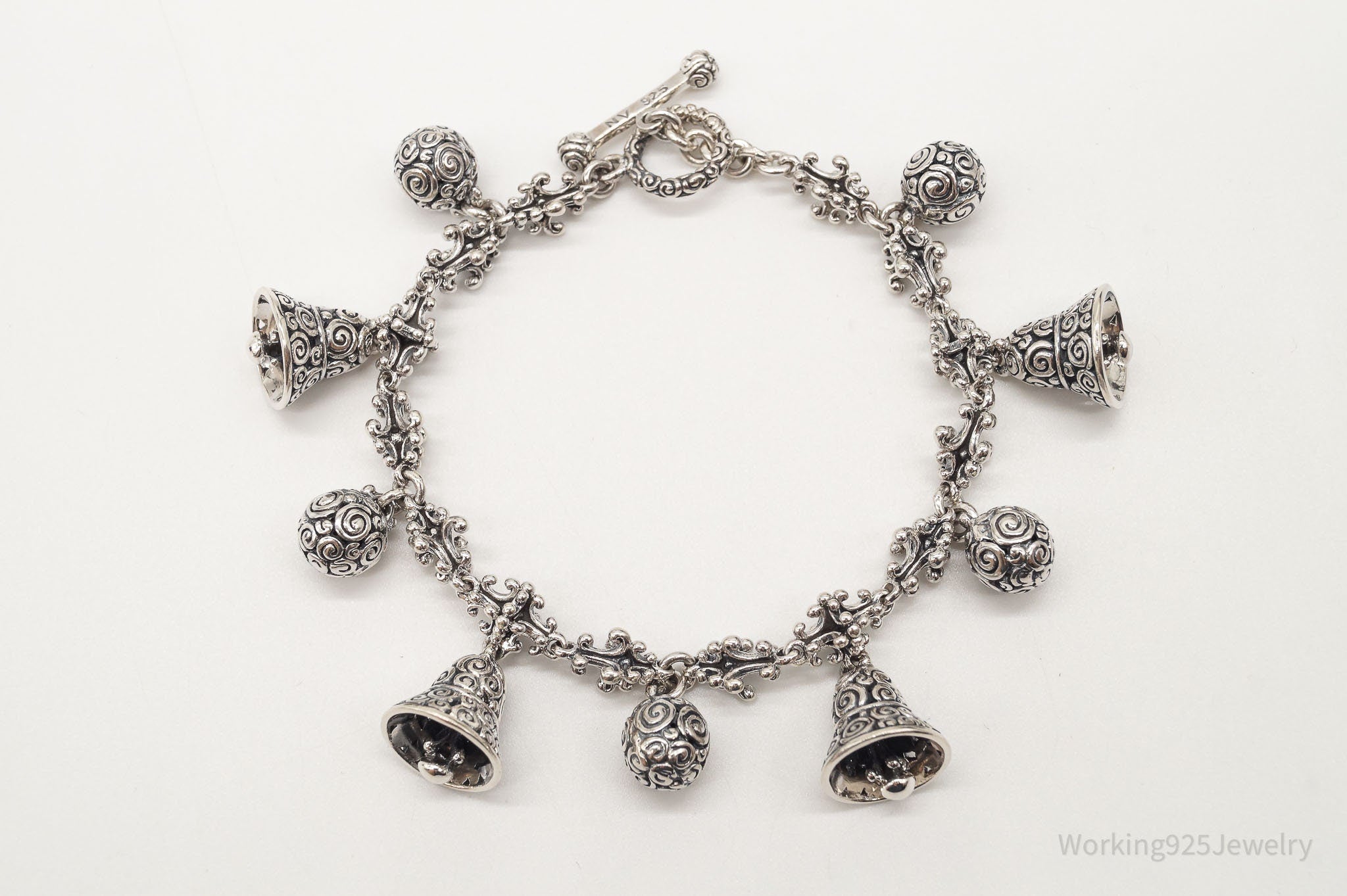 Vintage Designer "Borobudur Bell" Sterling Silver Bell Charms Bracelet