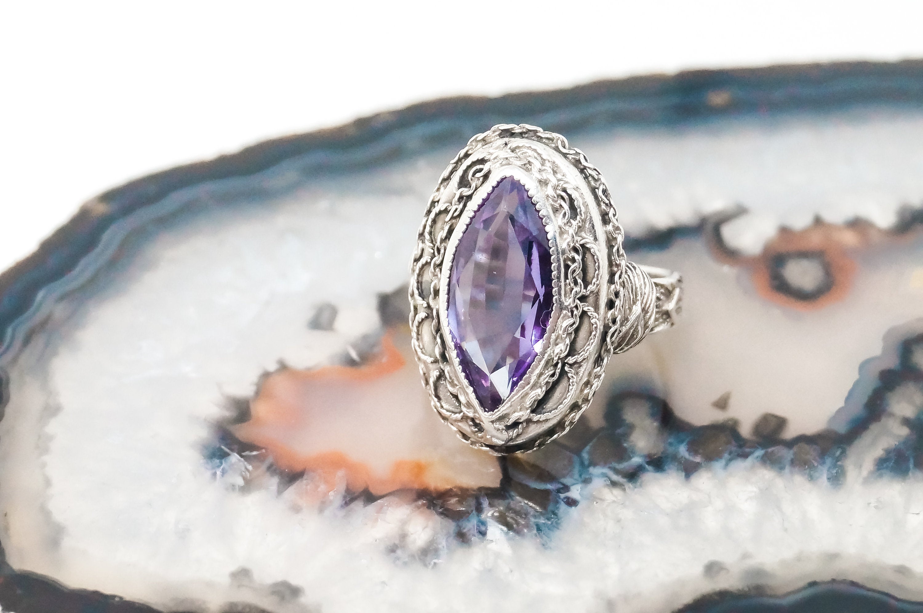 Vintage Art Deco Amethyst Sterling Silver Ring - Sz 4.5 - 785070524