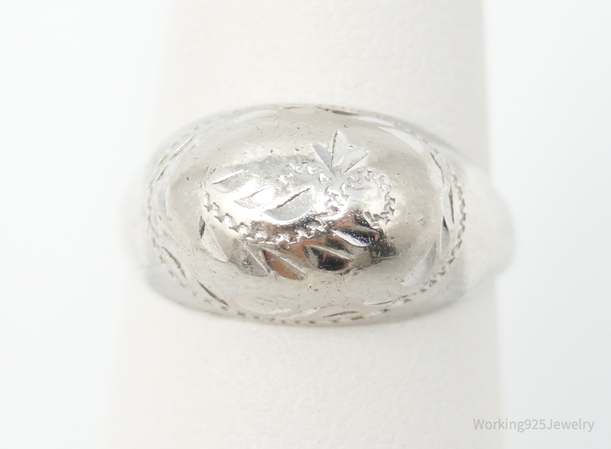 Vintage Designer BEAU Floral Engraved Dome Sterling Silver Ring - Size 7.25