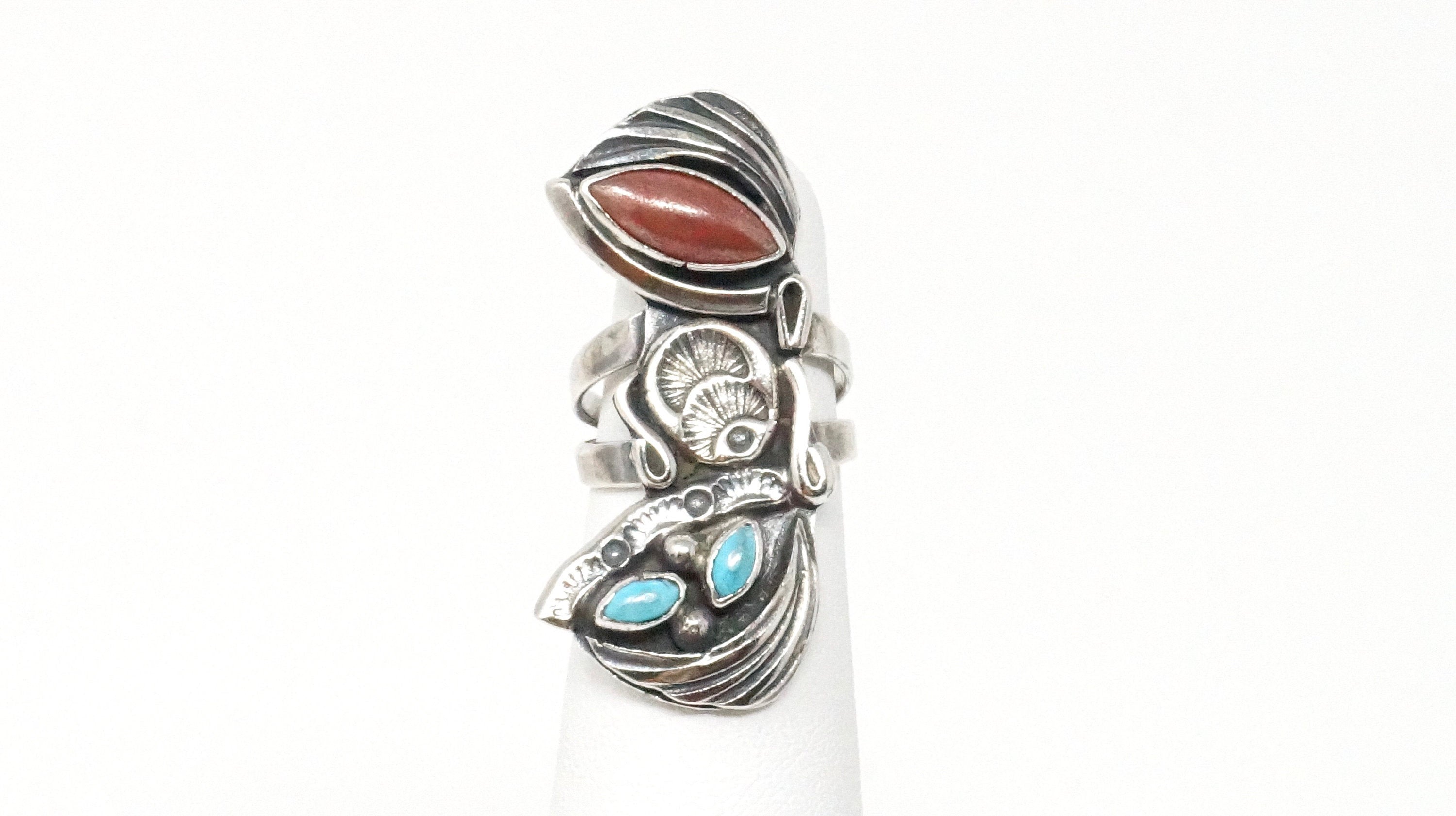 Native American Navajo Roger Skeet RS Turquoise Coral Sterling Silver Ring Sz 4