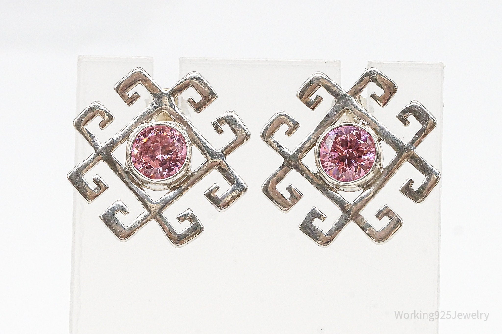 Large Vintage Pink Cubic Zirconia Sterling Silver Earrings