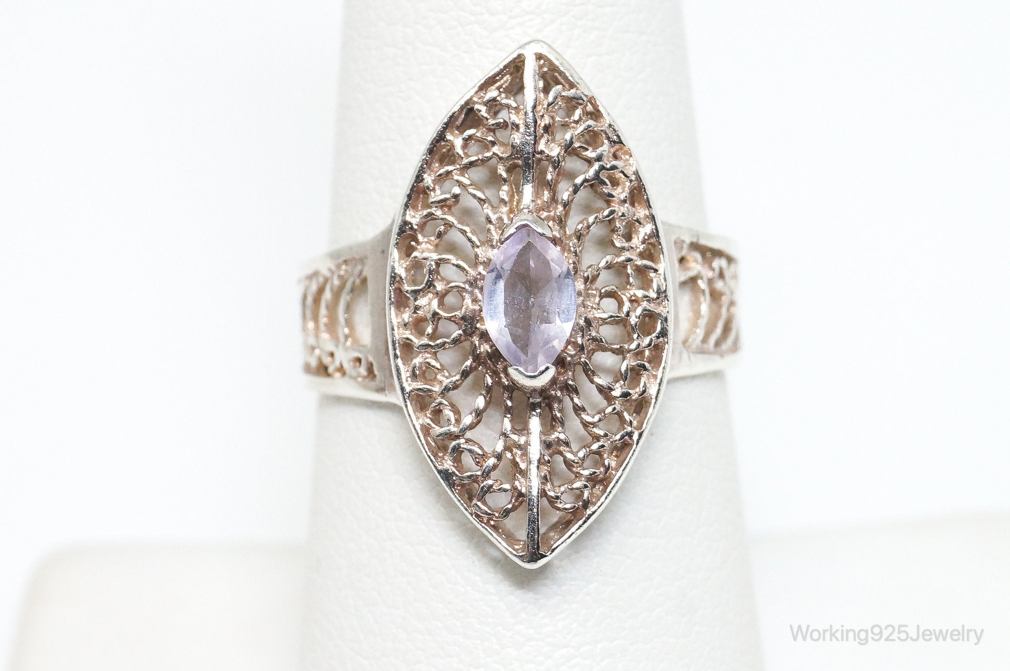 Vintage Amethyst Intricate Filigree Sterling Silver Ring SZ 7.5