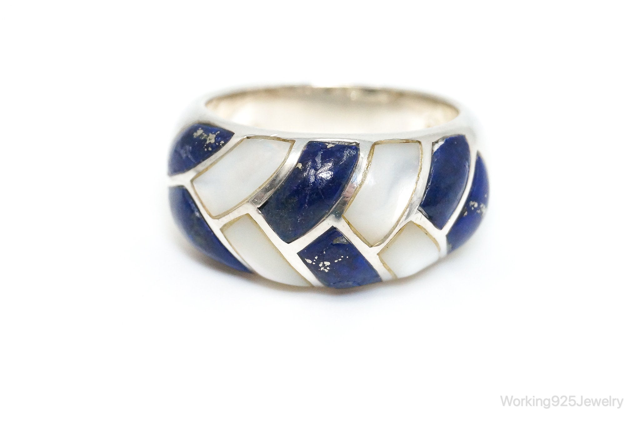 Vintage Designer S & G Lapis Lazuli Mother Of Pearl Sterling Silver Ring SZ 6