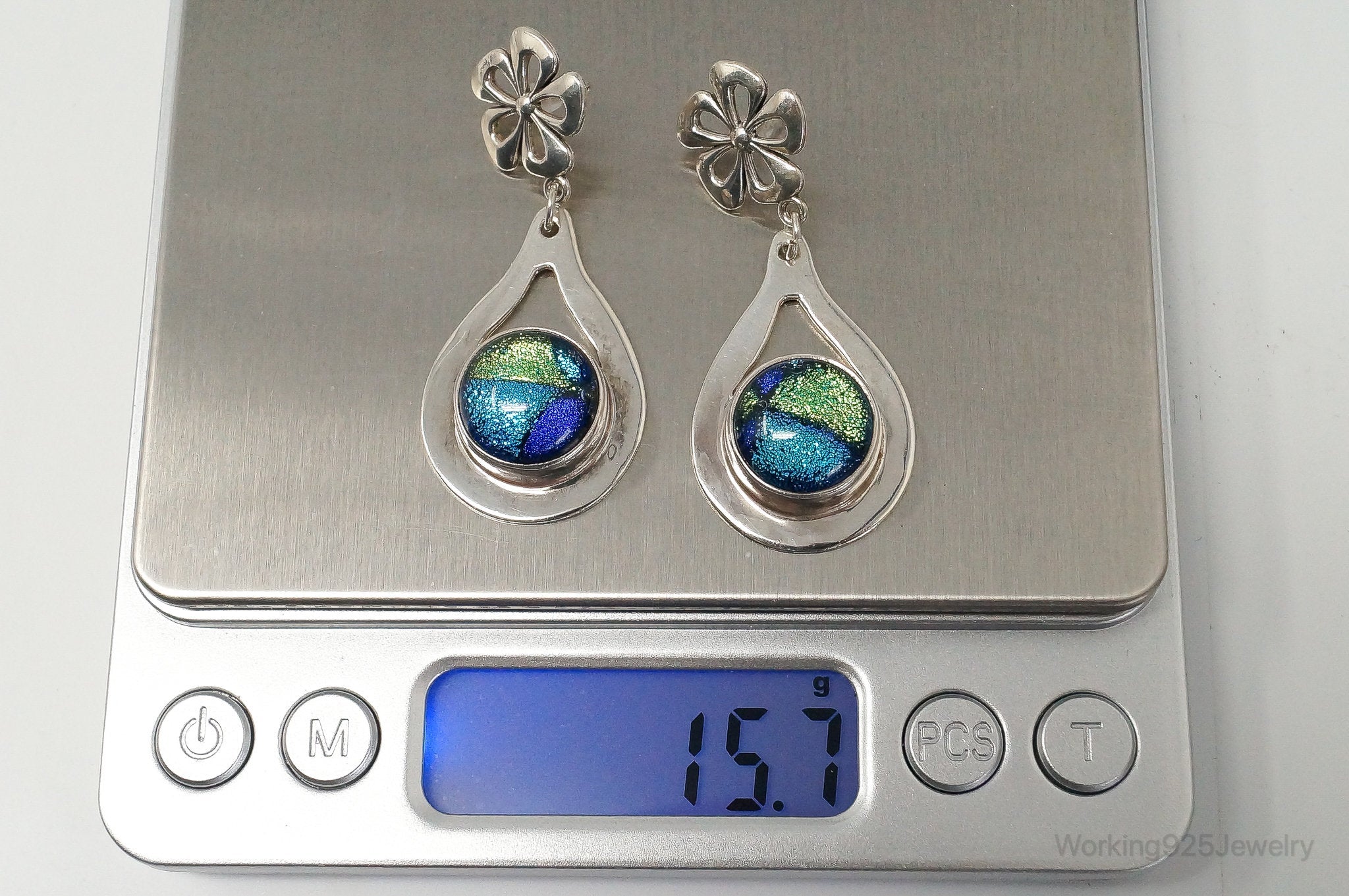 Large Vintage Mexico Designer PTP Dichroic Glass Sterling Silver Earrings